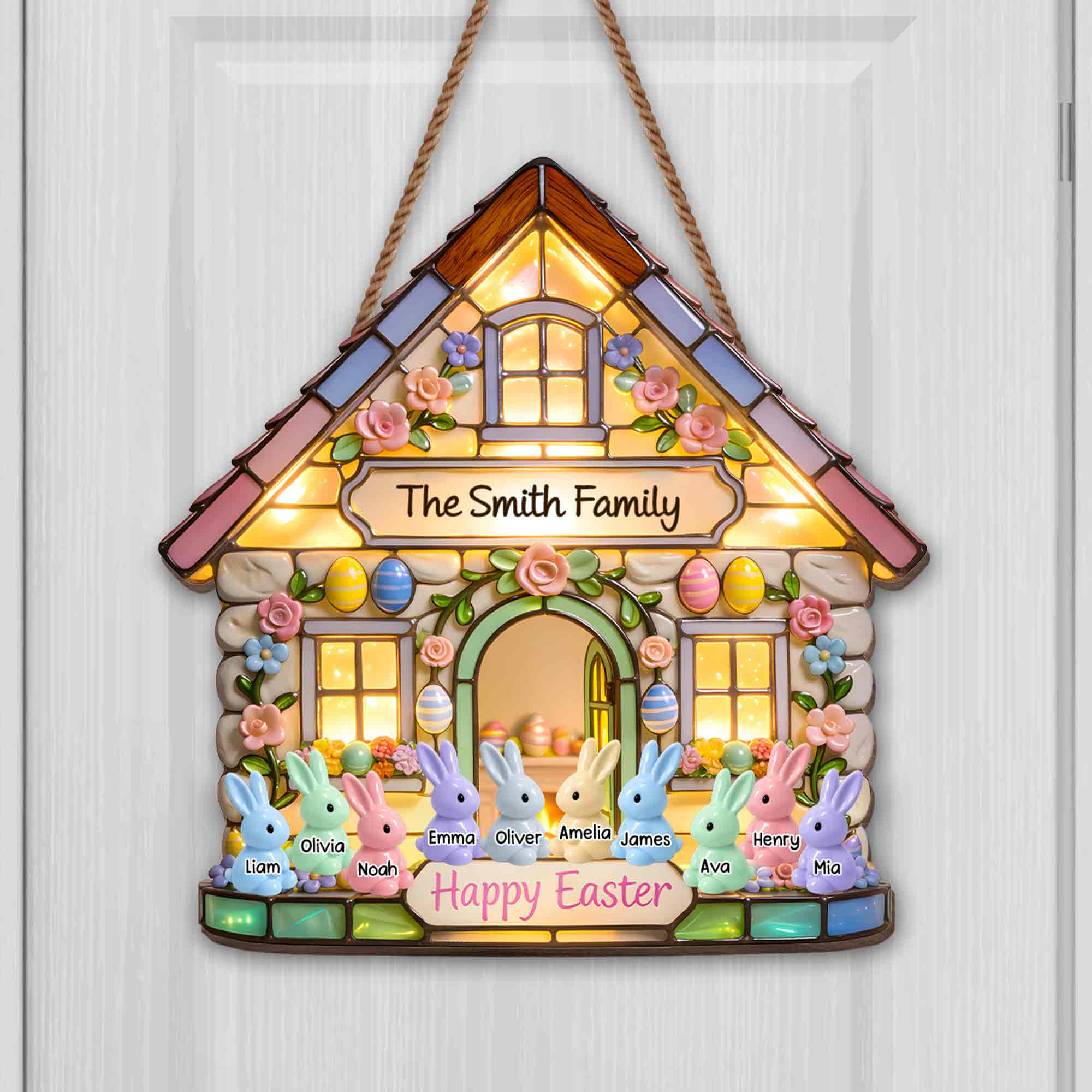 Happy Easter Family House With Colorful Bunnies And Spring Flowers - Personalized Custom Shaped Wood Sign - FAM819_WSIGN