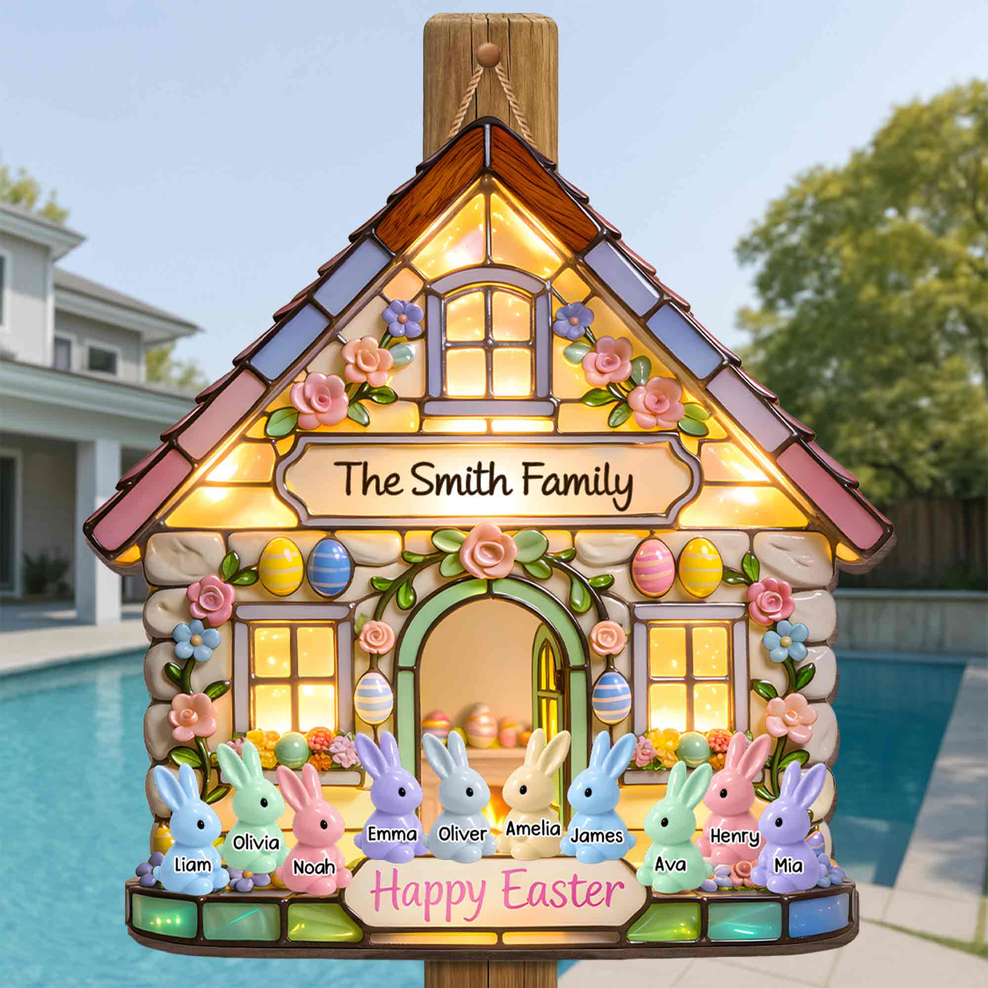 Happy Easter Family House With Colorful Bunnies And Spring Flowers - Personalized Custom Shaped Wood Sign - FAM819_WSIGN - Image 2