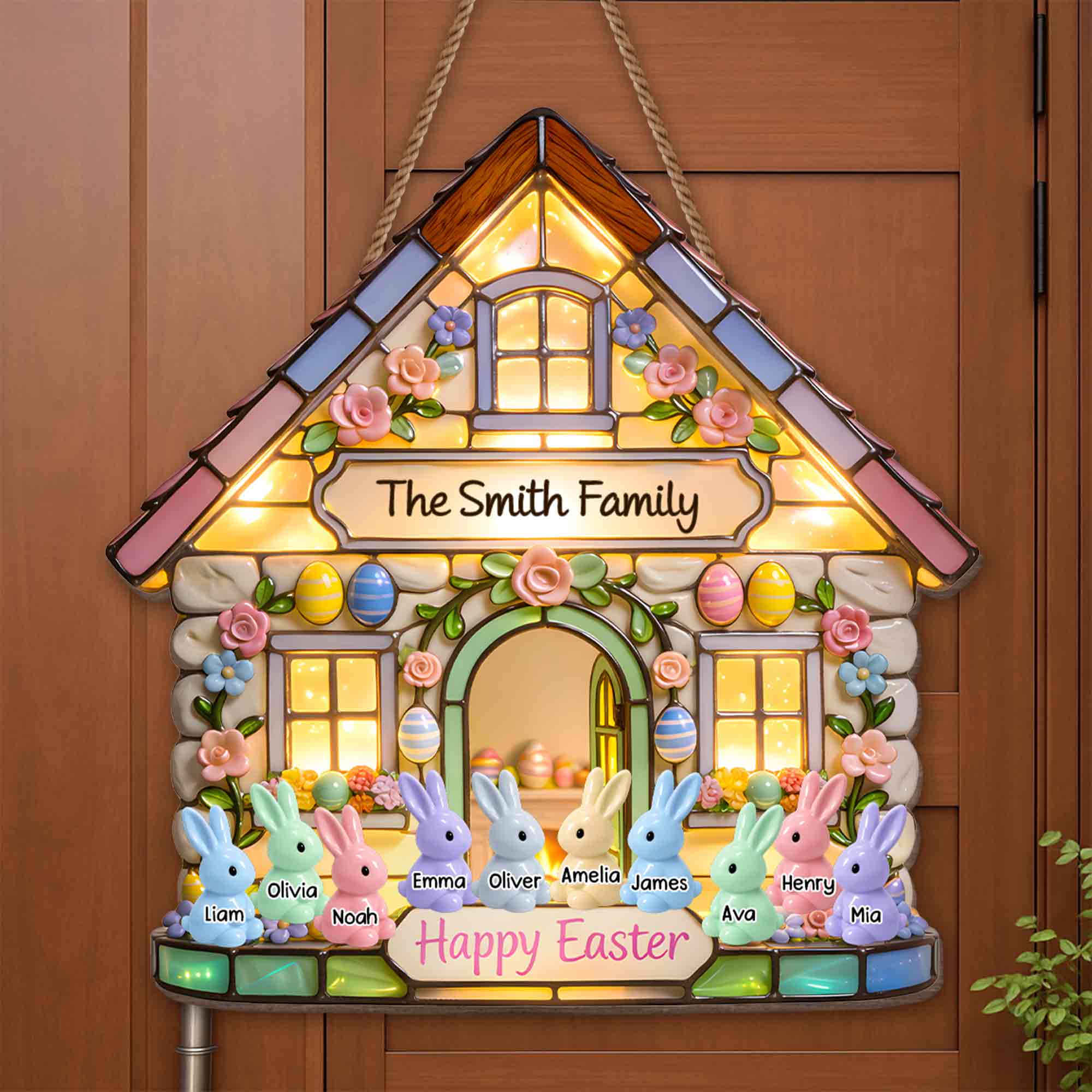 Happy Easter Family House With Colorful Bunnies And Spring Flowers - Personalized Custom Shaped Wood Sign - FAM819_WSIGN - Image 4