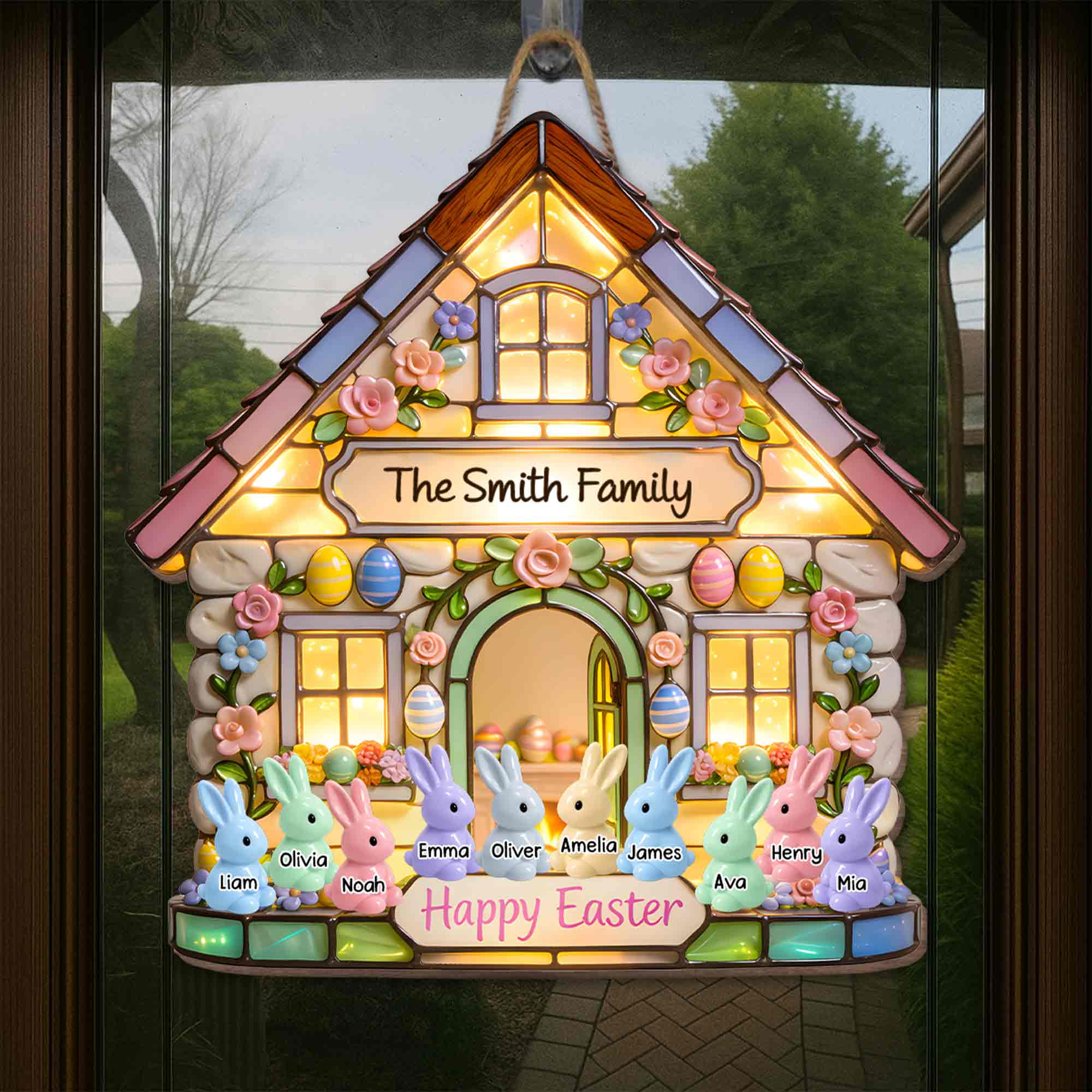 Happy Easter Family House With Colorful Bunnies And Spring Flowers - Personalized Custom Shaped Wood Sign - FAM819_WSIGN - Image 5