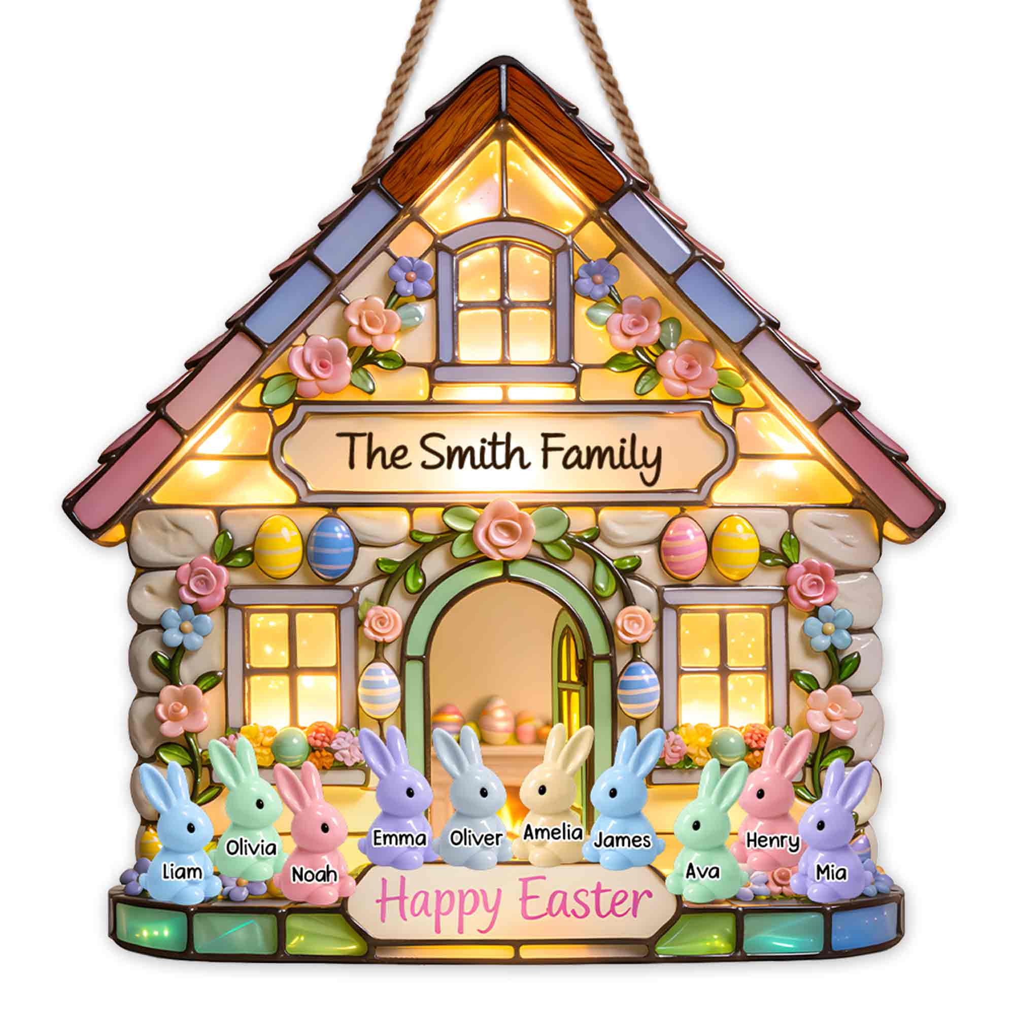 Happy Easter Family House With Colorful Bunnies And Spring Flowers - Personalized Custom Shaped Wood Sign - FAM819_WSIGN - Image 7