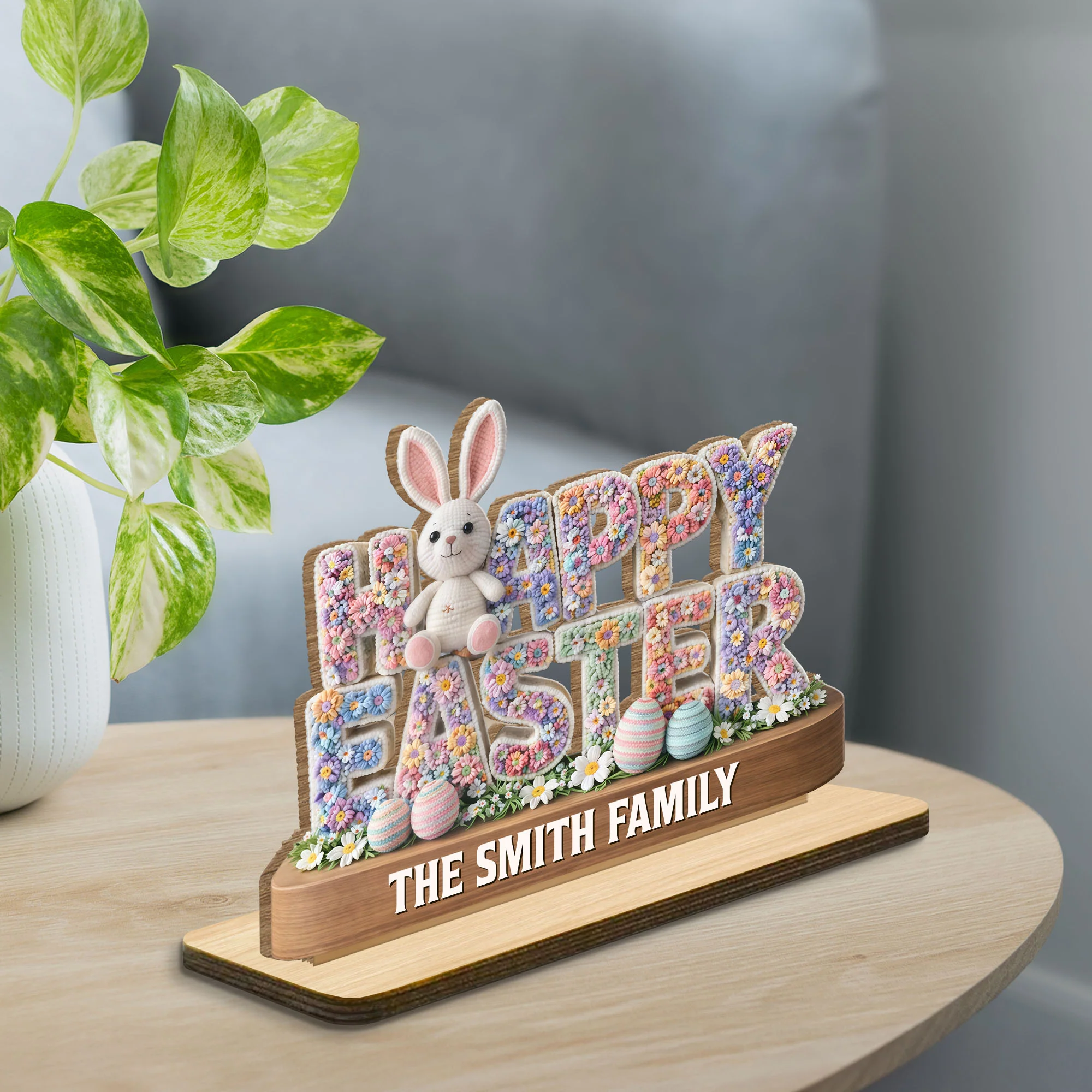 Happy Easter Floral Bunny And Eggs Decor - Personalized Custom 2-Layer Wood Plaque With Flat Base - FAM817_WPLA - Image 3