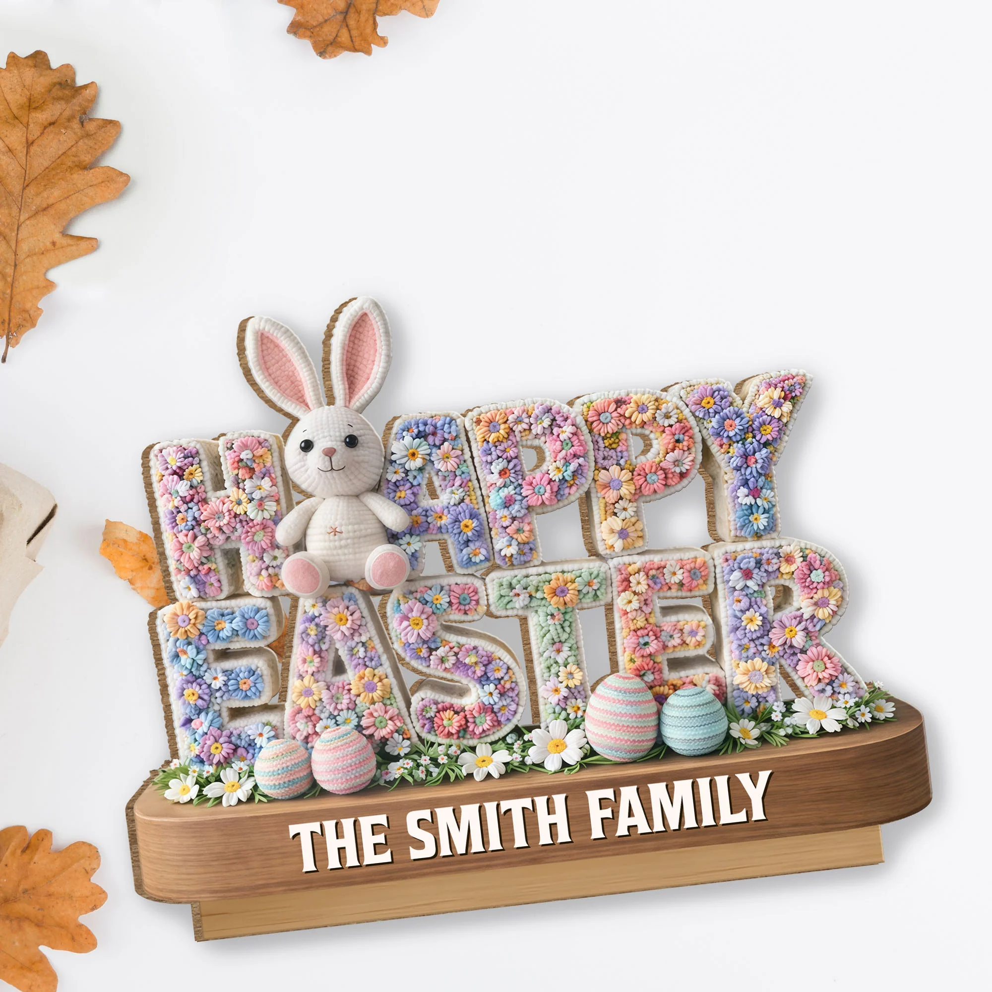 Happy Easter Floral Bunny And Eggs Decor - Personalized Custom 2-Layer Wood Plaque With Flat Base - FAM817_WPLA - Image 4