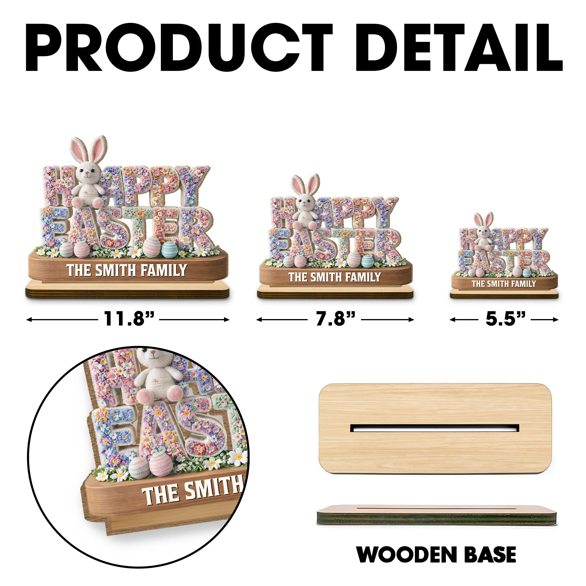 Happy Easter Floral Bunny And Eggs Decor - Personalized Custom 2-Layer Wood Plaque With Flat Base - FAM817_WPLA - Image 5