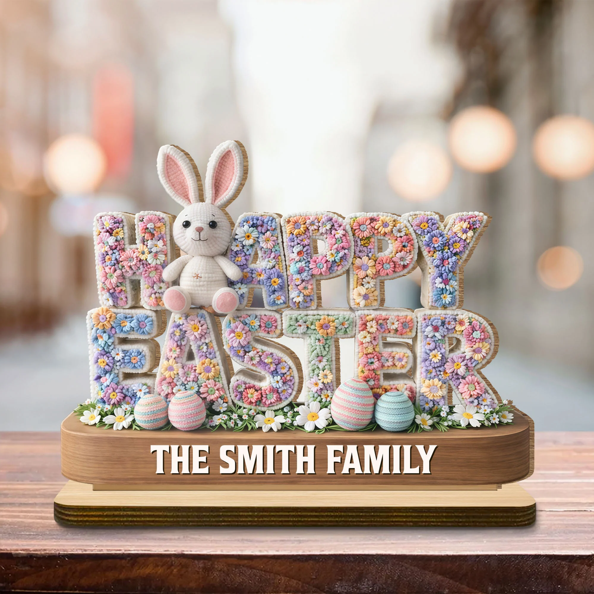 Happy Easter Floral Bunny And Eggs Decor - Personalized Custom 2-Layer Wood Plaque With Flat Base - FAM817_WPLA - Image 6