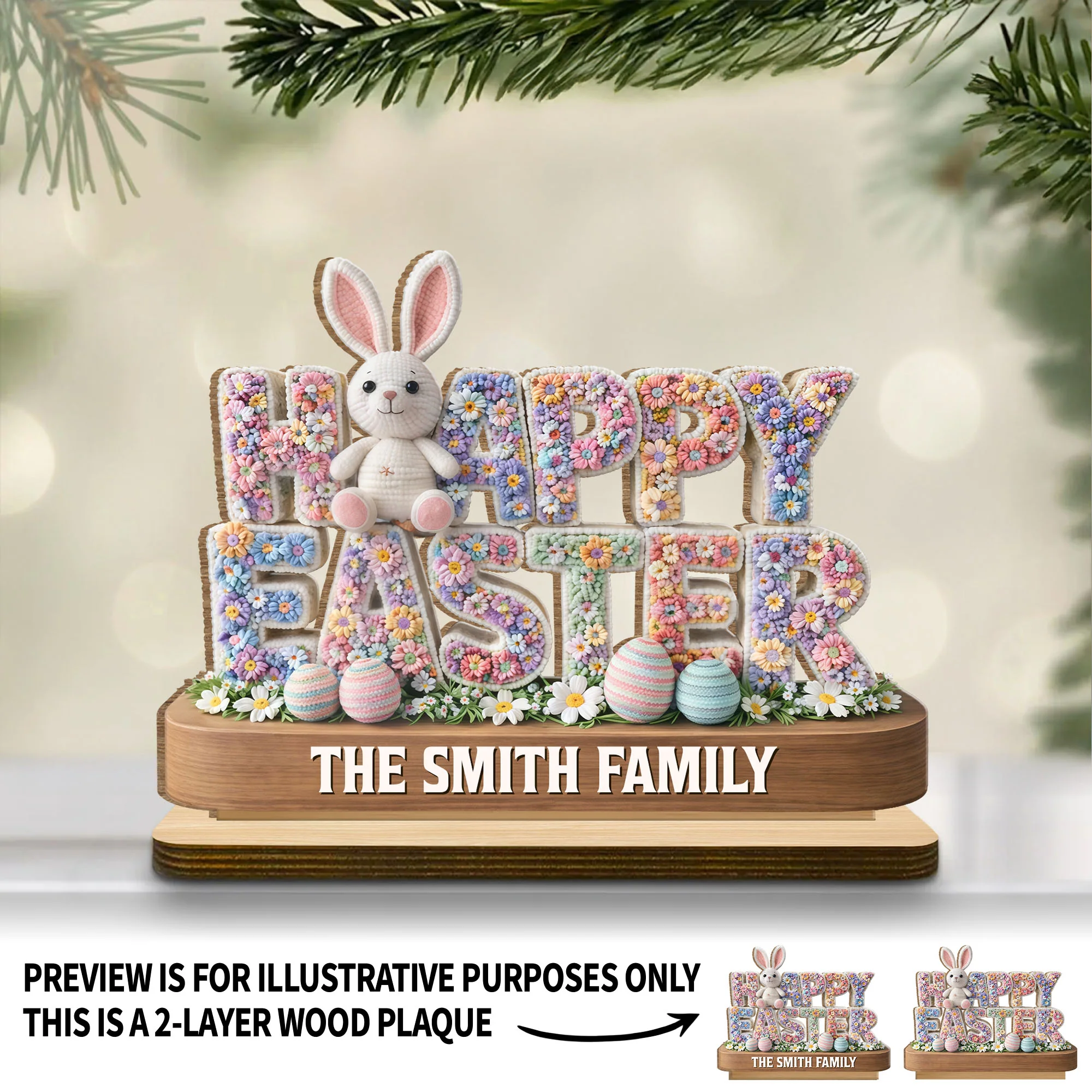 Happy Easter Floral Bunny And Eggs Decor - Personalized Custom 2-Layer Wood Plaque With Flat Base - FAM817_WPLA - Image 7