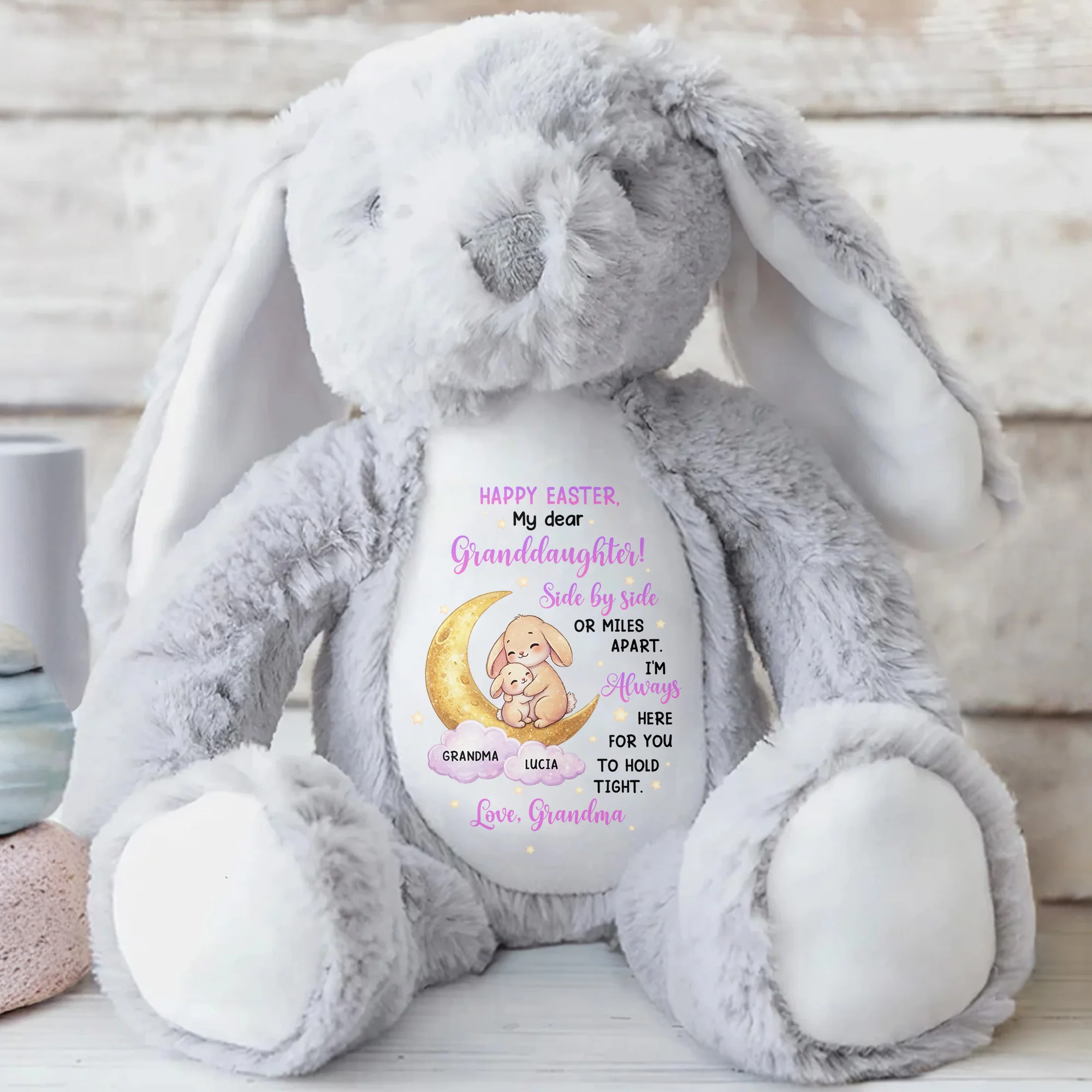 Happy Easter My Dear Granddaughter Side By Side Bunny Moon And Stars - Personalized Stuffed Bunny - GRK115_BUN