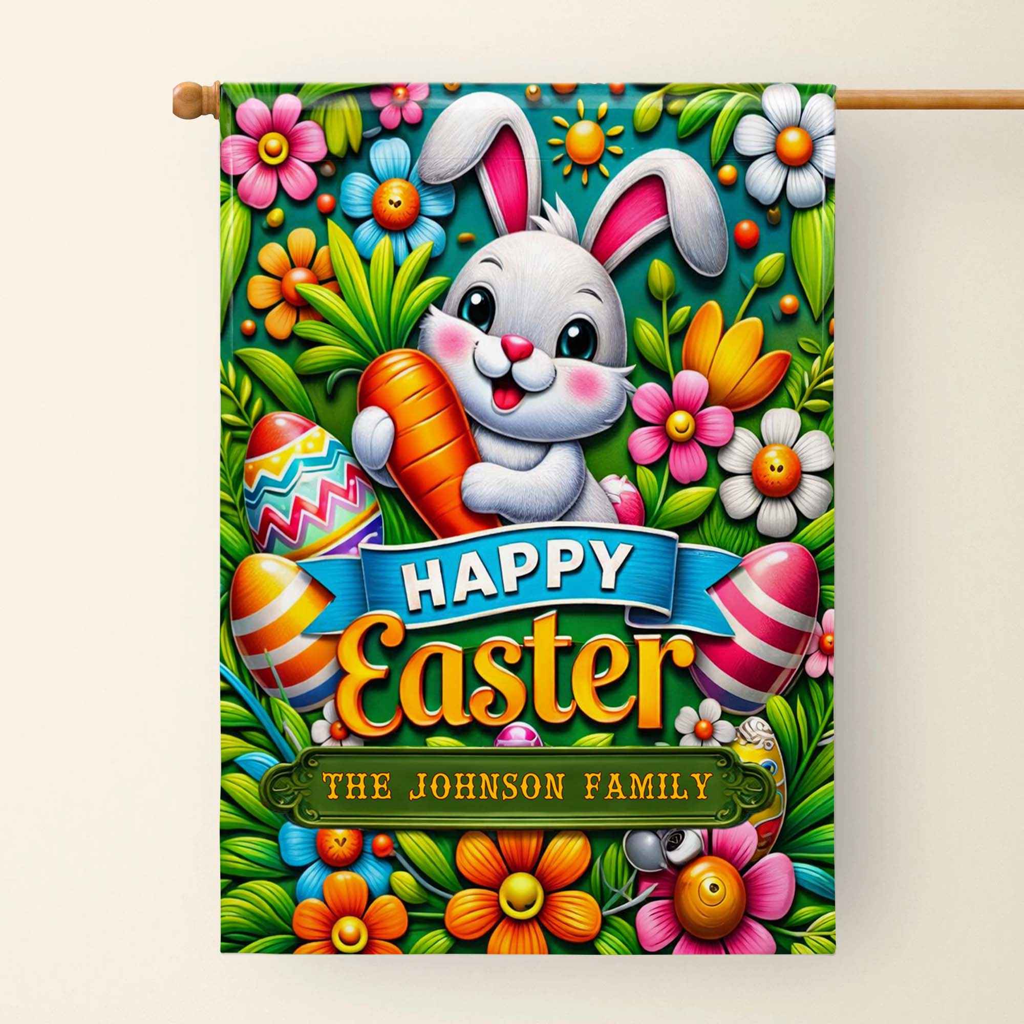 Happy Easter Personalized Bunny With Carrot And Colorful Flowers - Personalized Flag - FTH131_GAF - Image 10