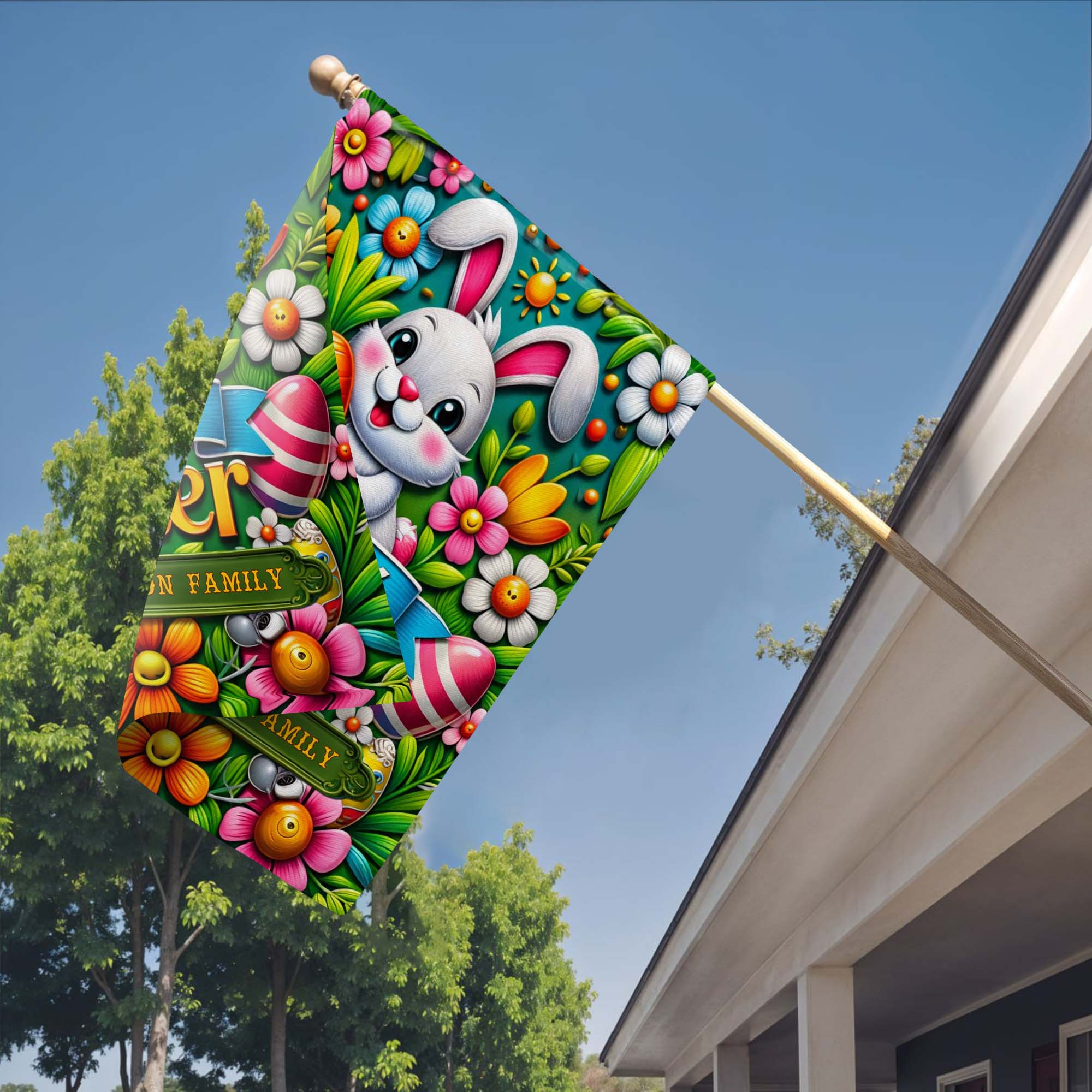 Happy Easter Personalized Bunny With Carrot And Colorful Flowers - Personalized Flag - FTH131_GAF - Image 4