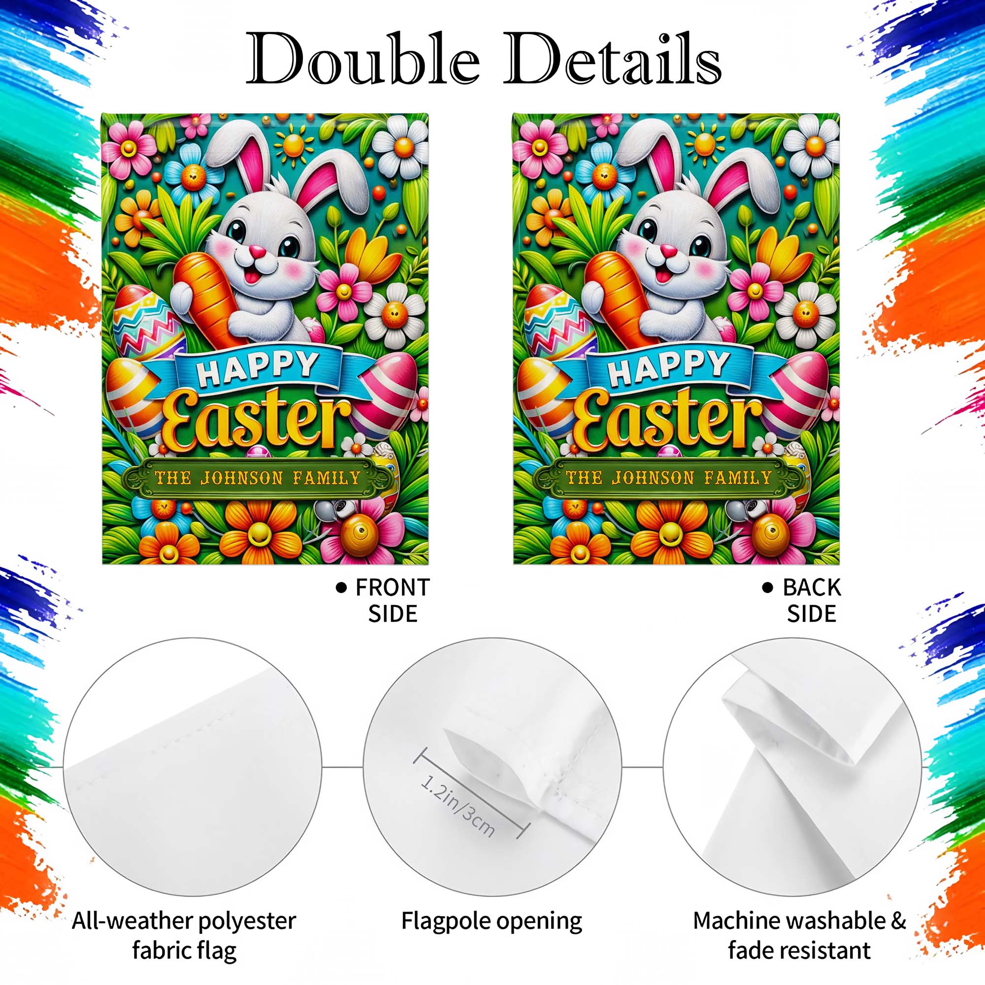 Happy Easter Personalized Bunny With Carrot And Colorful Flowers - Personalized Flag - FTH131_GAF - Image 9