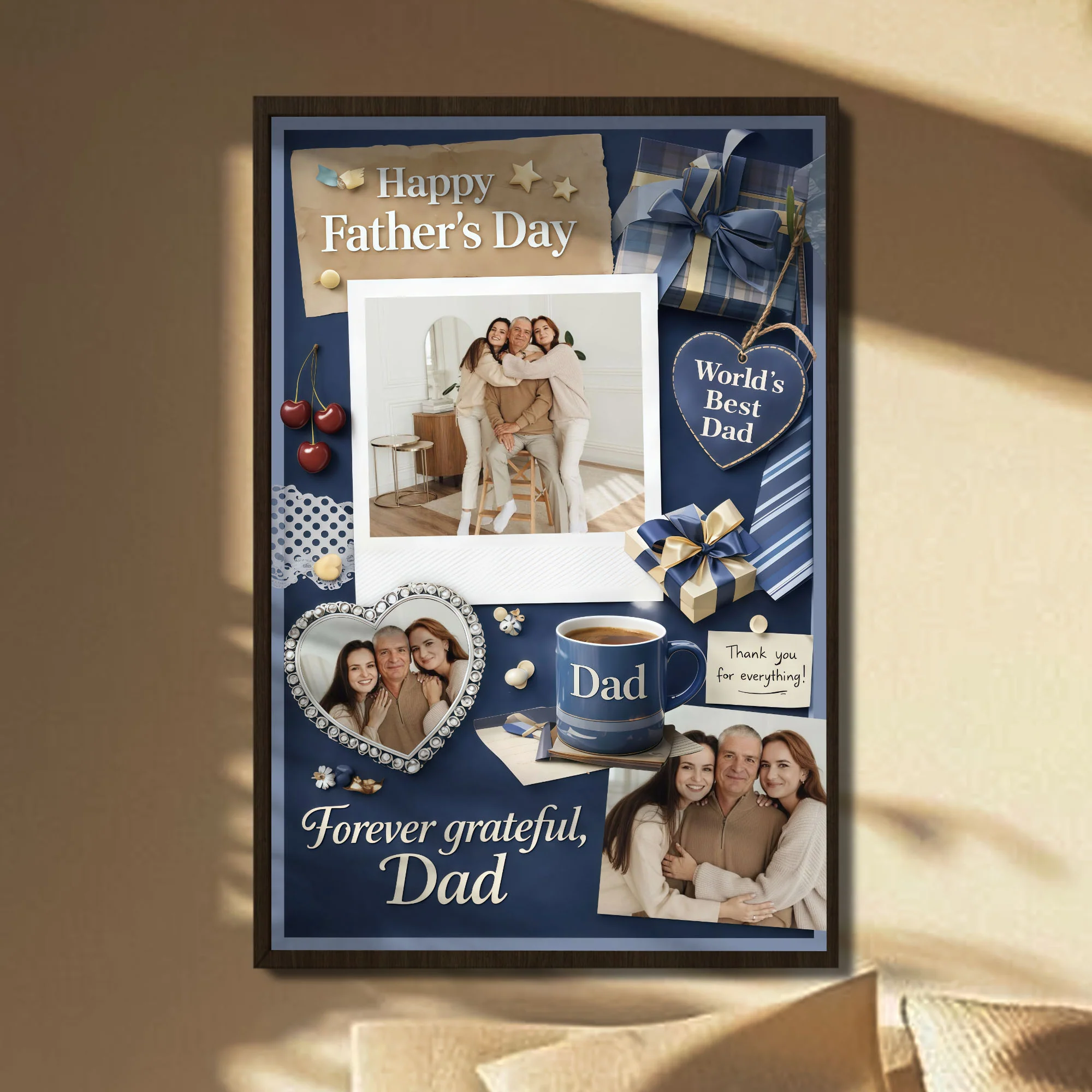 Happy Father's Day Forever Grateful Dad Photo Collage With Gift Boxes And Mug - Personalized Custom Vertical Poster - DAD295_VPOS