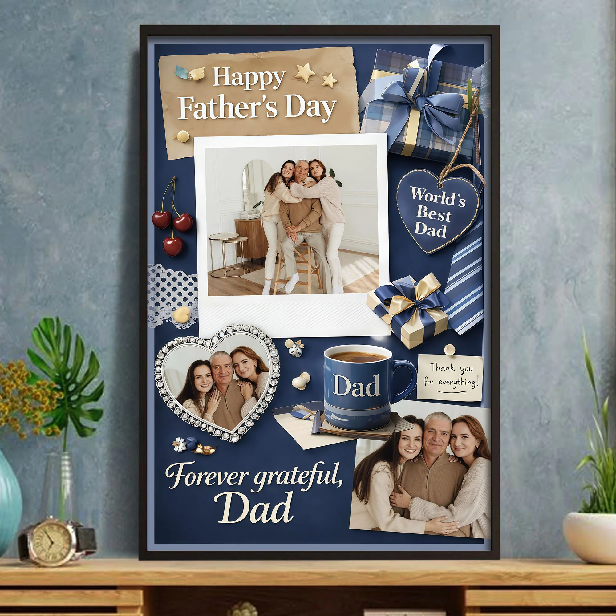 Happy Father's Day Forever Grateful Dad Photo Collage With Gift Boxes And Mug - Personalized Custom Vertical Poster - DAD295_VPOS - Image 2