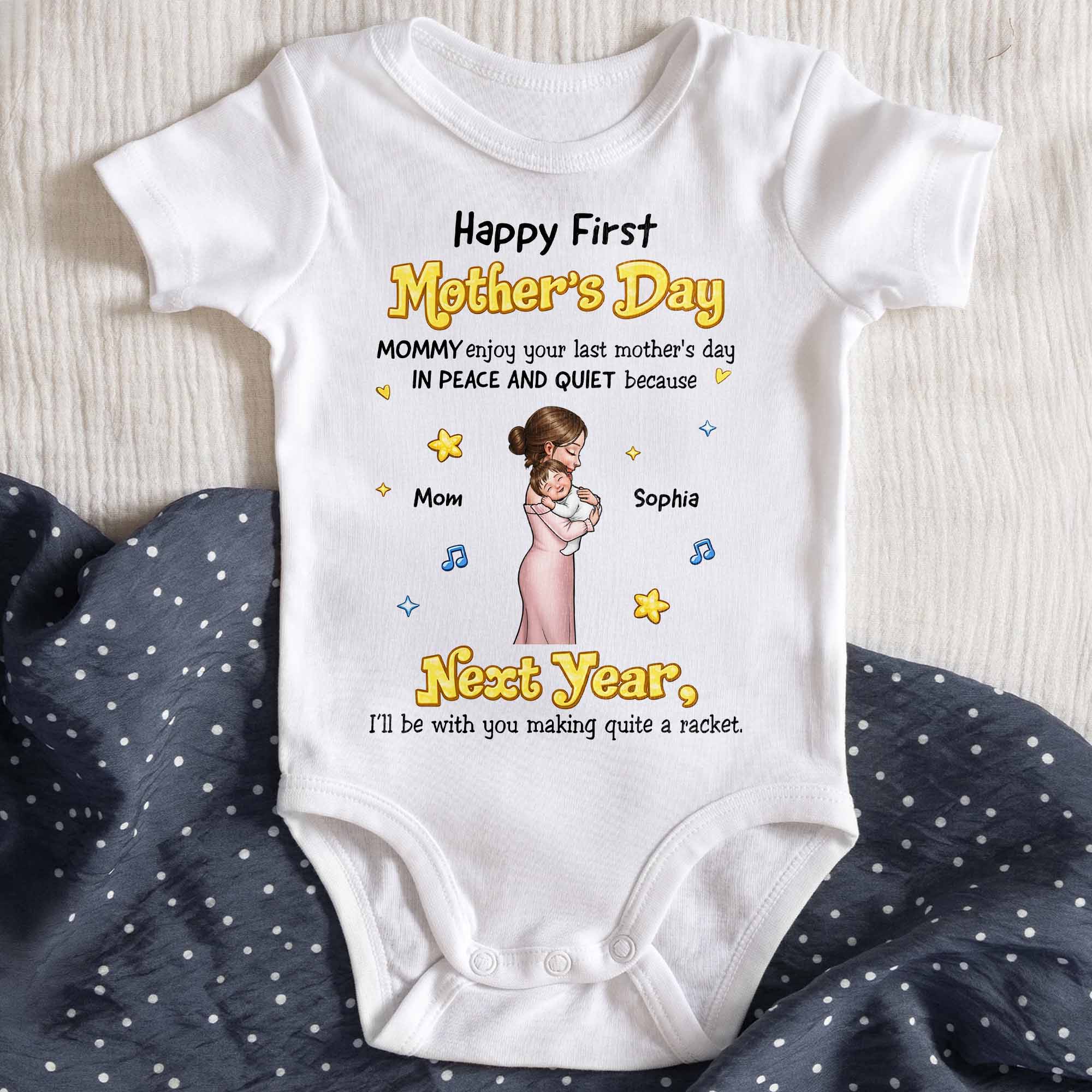 Happy First Mother's Day Mommy Peace And Quiet With Mother And Baby Illustration - Personalized Custom Baby Onesie - KID573_ONES - Image 3