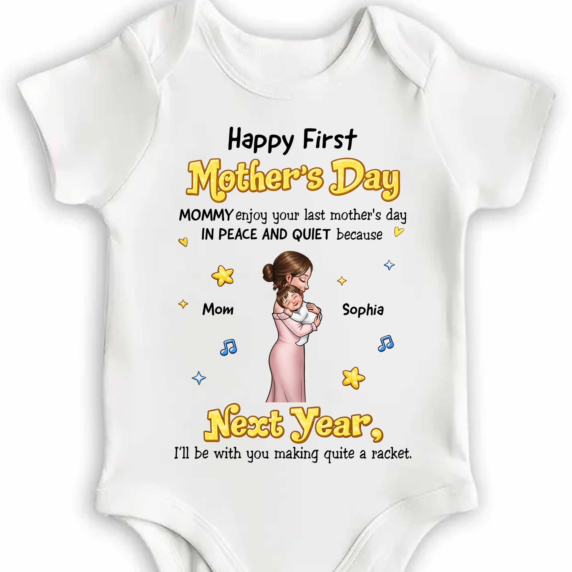 Happy First Mother's Day Mommy Peace And Quiet With Mother And Baby Illustration - Personalized Custom Baby Onesie - KID573_ONES - Image 4
