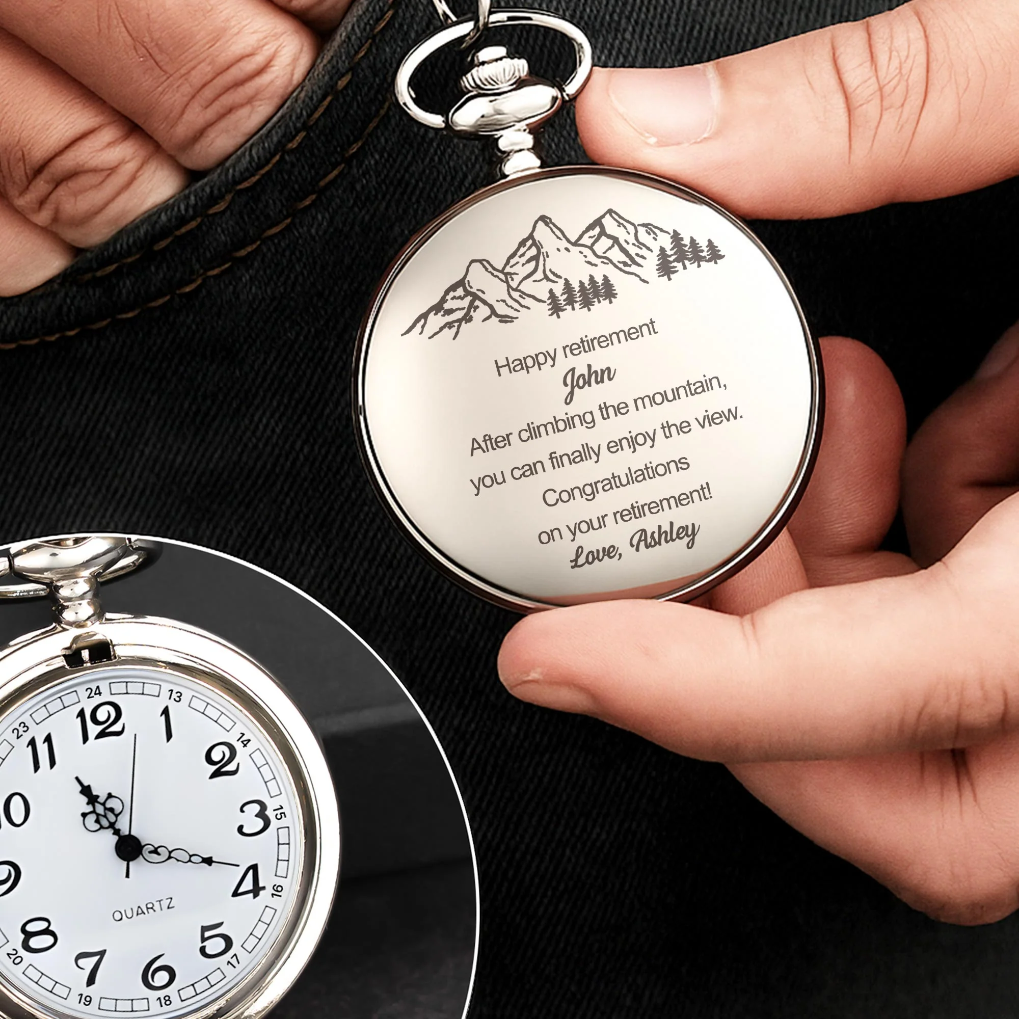 Happy Retirement After Climbing The Mountain View Pine Trees Design - Personalized Silver Plated Pocket Watch - RETIRE005_SWATCH - Image 10