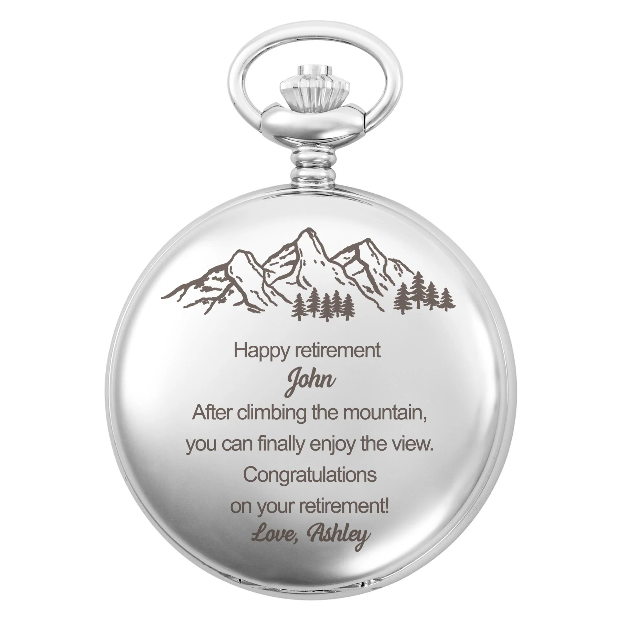 Happy Retirement After Climbing The Mountain View Pine Trees Design - Personalized Silver Plated Pocket Watch - RETIRE005_SWATCH - Image 3