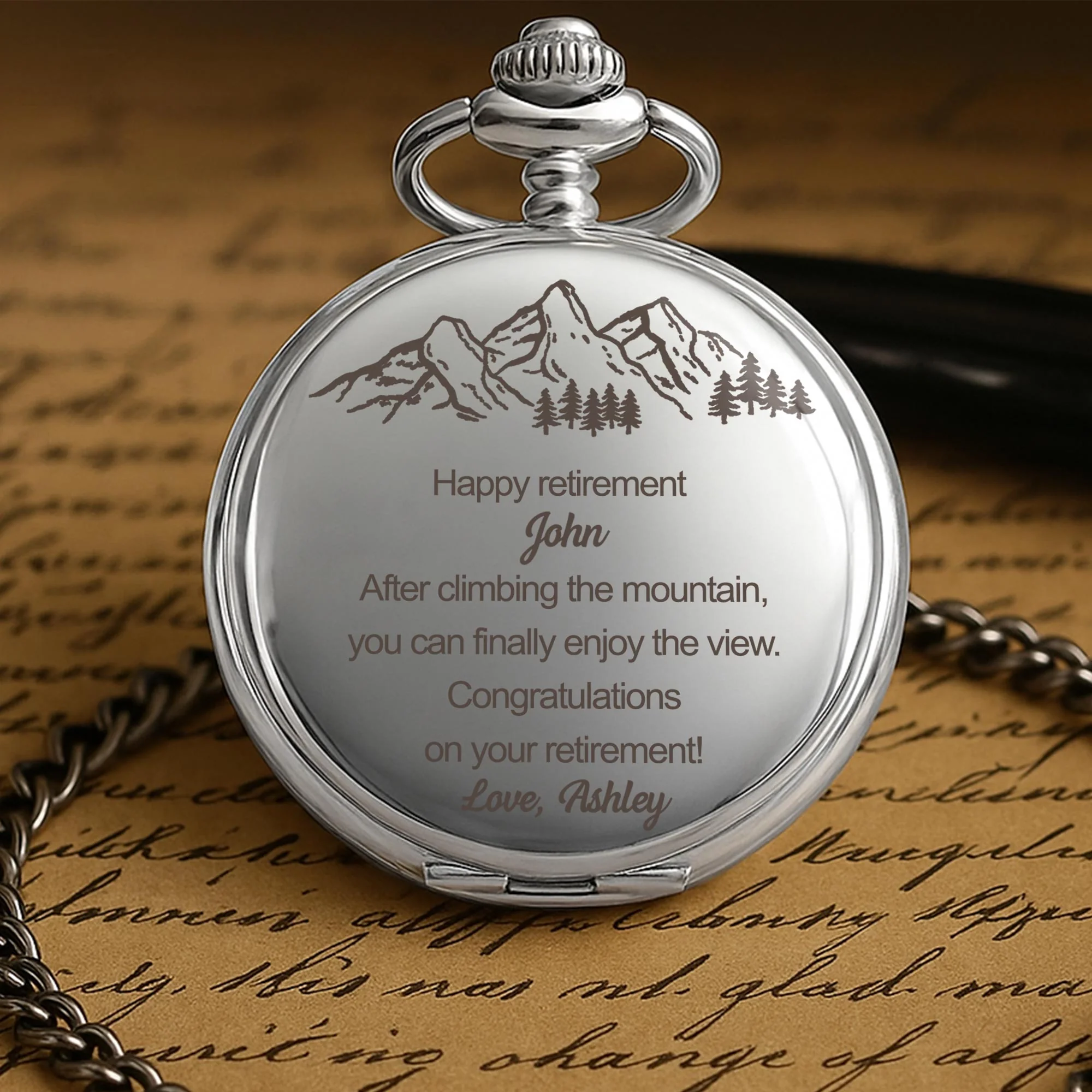 Happy Retirement After Climbing The Mountain View Pine Trees Design - Personalized Silver Plated Pocket Watch - RETIRE005_SWATCH - Image 4