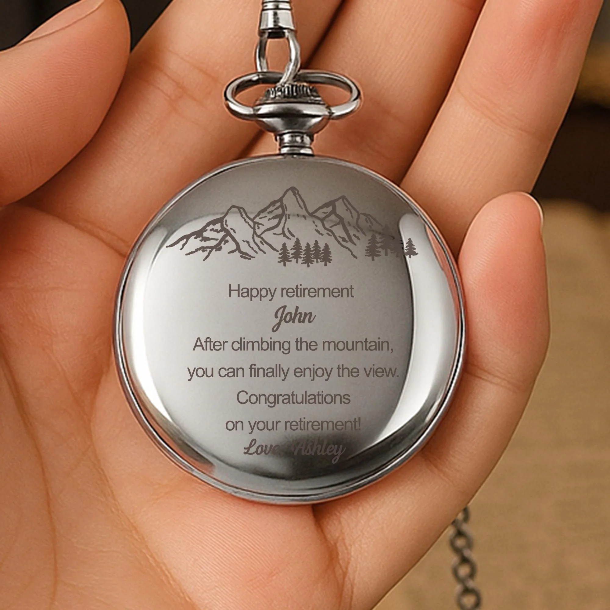 Happy Retirement After Climbing The Mountain View Pine Trees Design - Personalized Silver Plated Pocket Watch - RETIRE005_SWATCH - Image 5