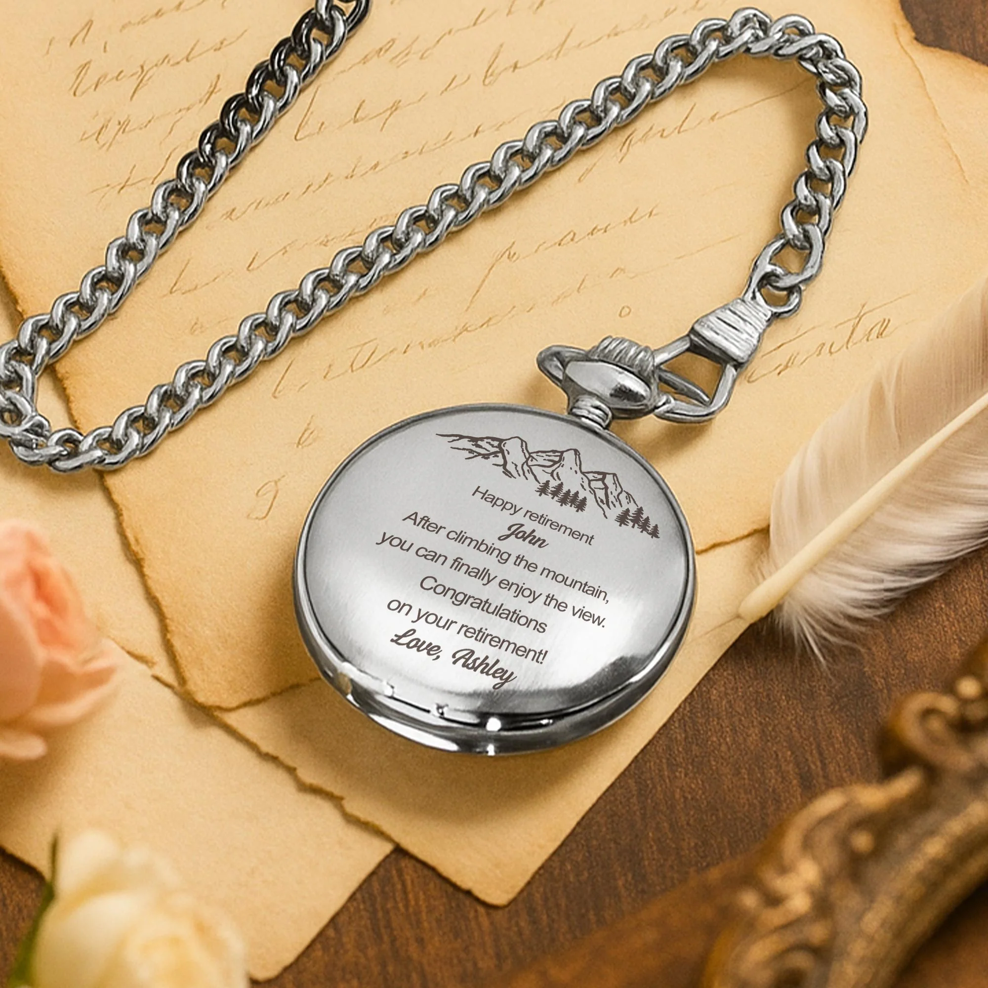 Happy Retirement After Climbing The Mountain View Pine Trees Design - Personalized Silver Plated Pocket Watch - RETIRE005_SWATCH - Image 9