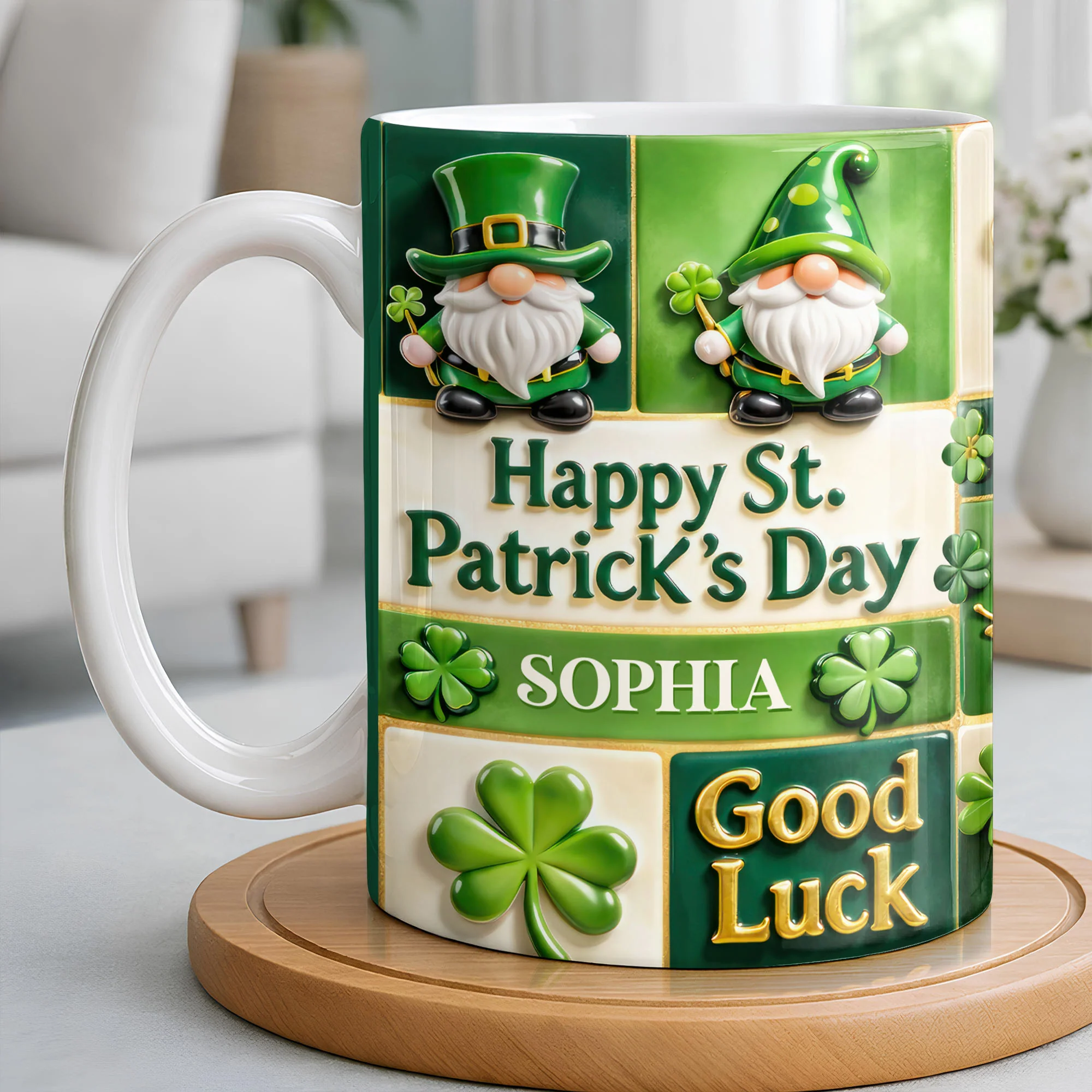 Happy St. Patrick's Day Good Luck Gnomes and Shamrocks - Personalized Custom Coffee Mug - FAM803_MG - Image 3