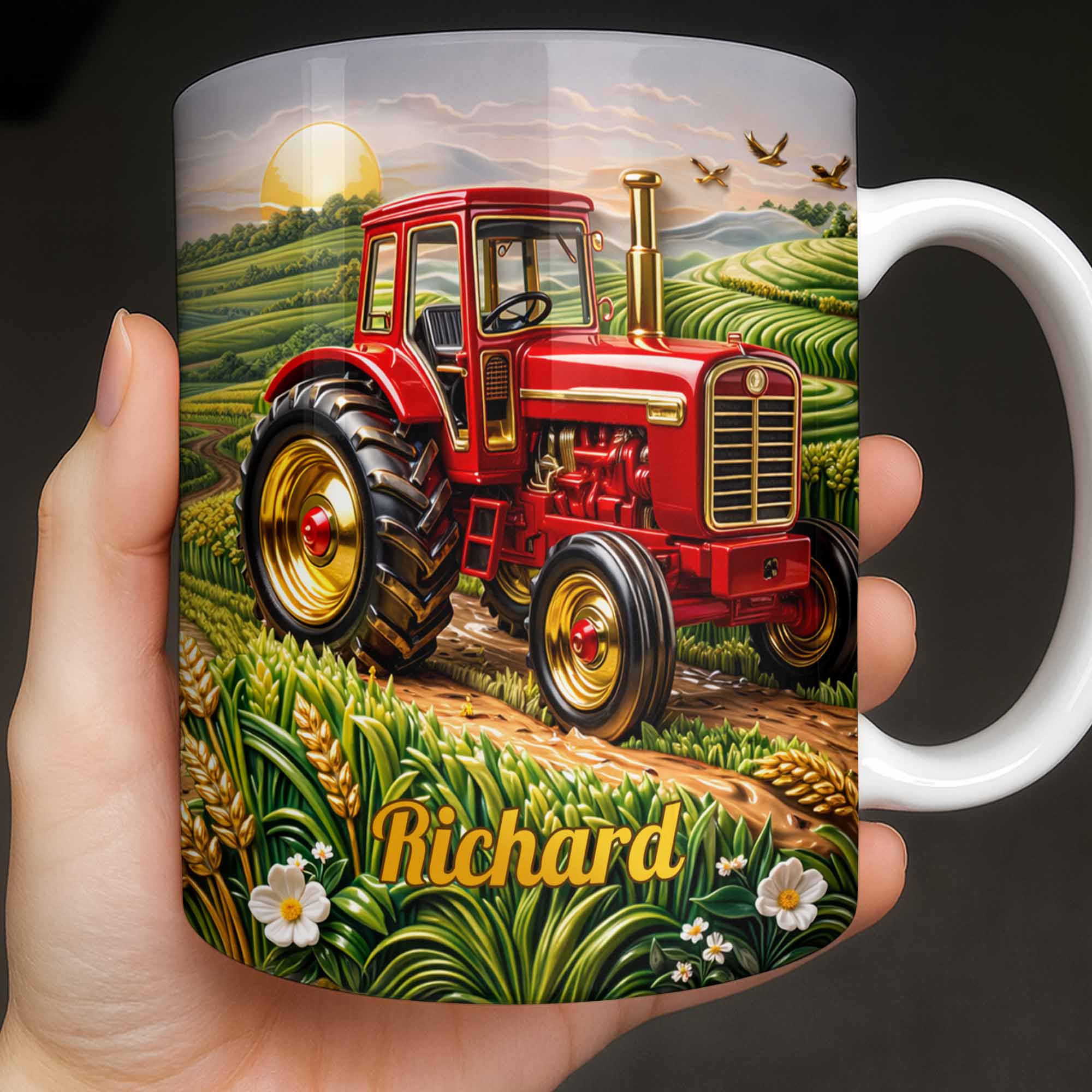 Hard Work And Golden Fields Red Tractor And Farm Landscape Design - Personalized Custom Coffee Mug - FARM049_MG