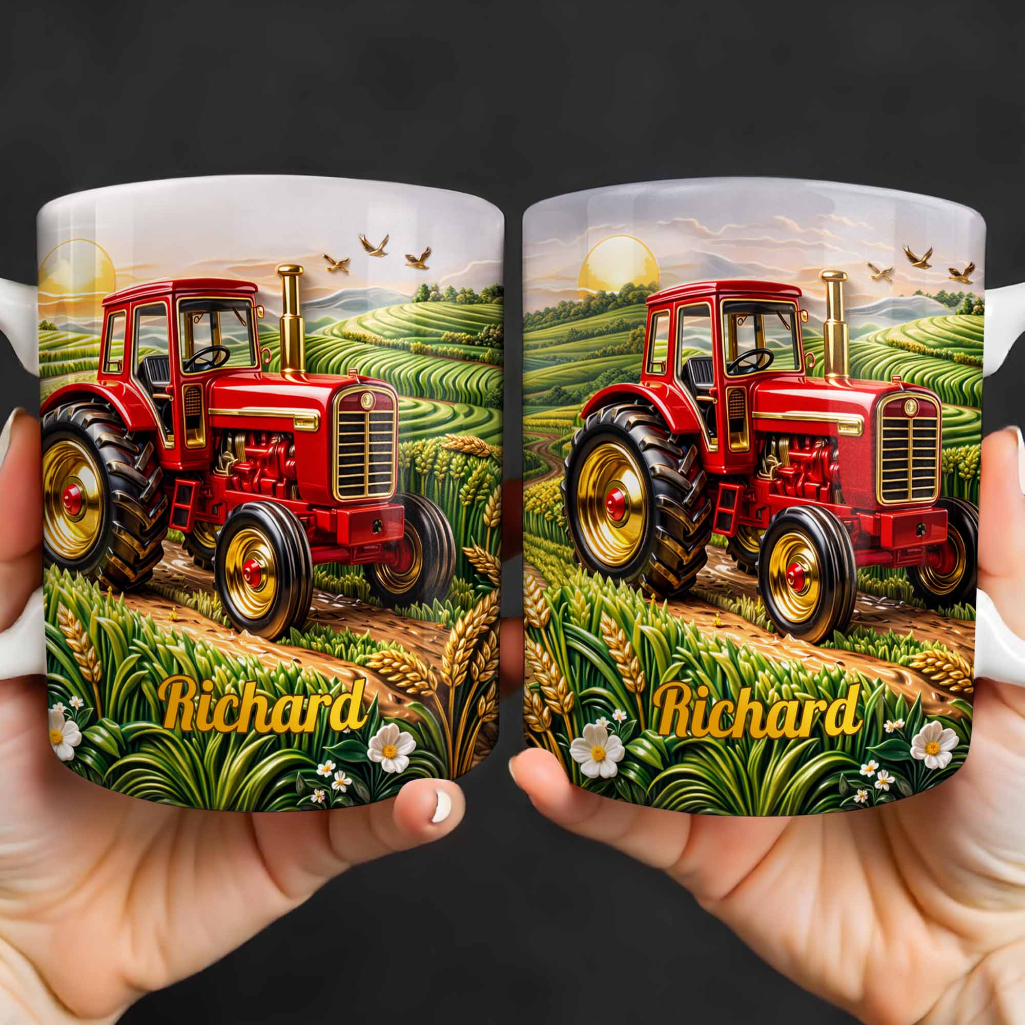 Hard Work And Golden Fields Red Tractor And Farm Landscape Design - Personalized Custom Coffee Mug - FARM049_MG - Image 2