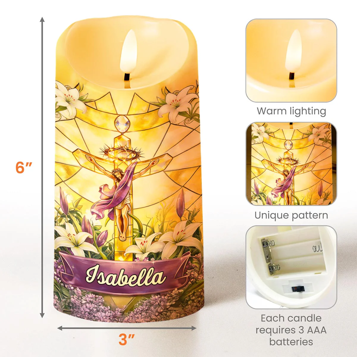 He Is Risen Stained Glass Jesus With White Lilies Flowers - Personalized Custom LED Candle - FTH140_LECA - Image 3