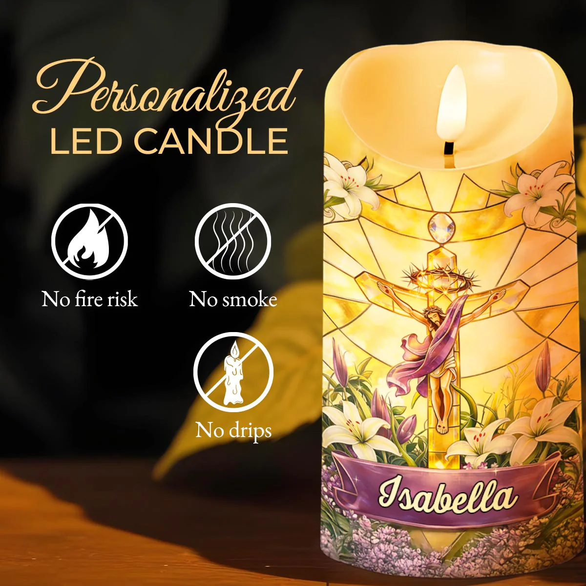 He Is Risen Stained Glass Jesus With White Lilies Flowers - Personalized Custom LED Candle - FTH140_LECA - Image 4