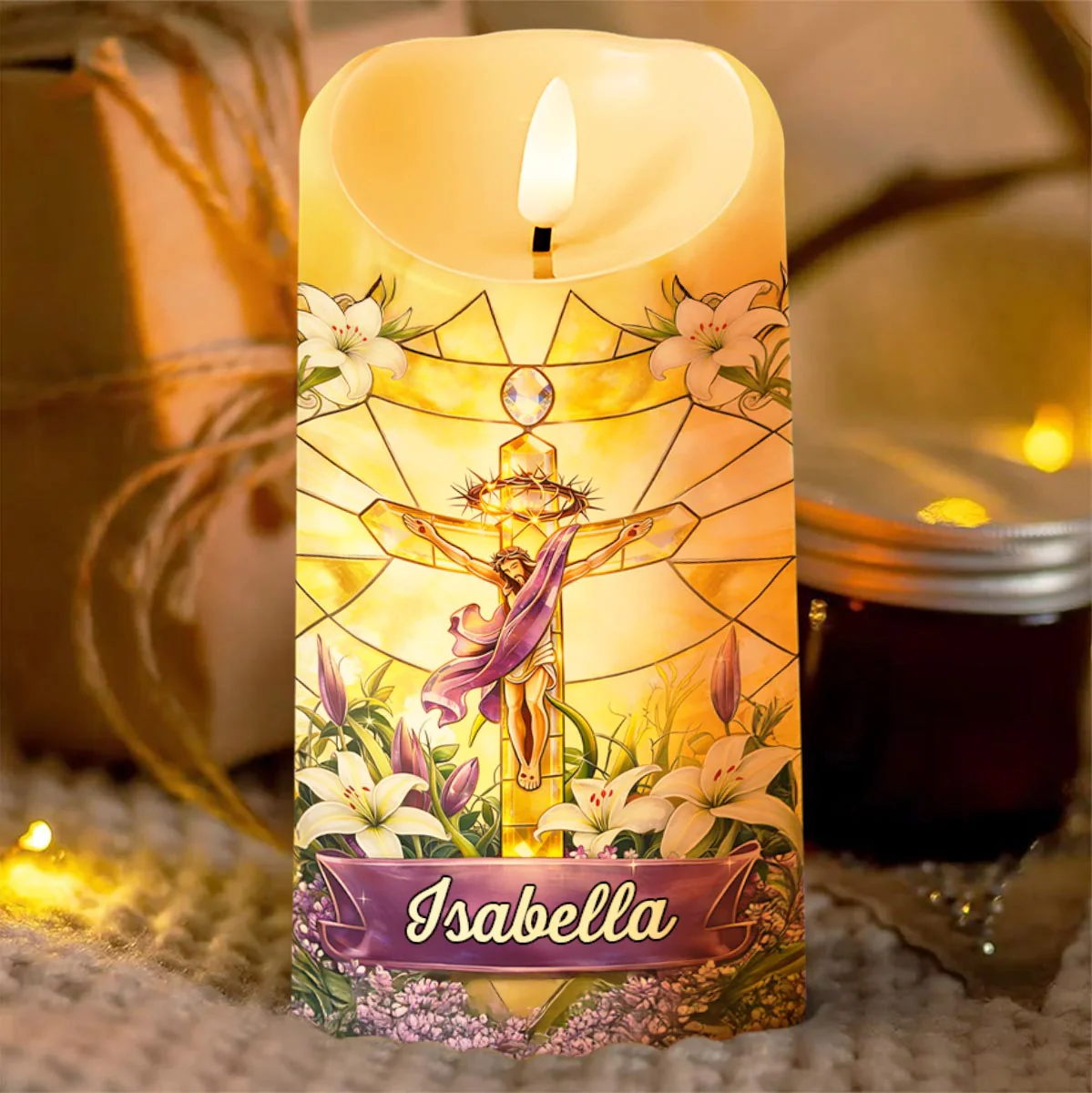 He Is Risen Stained Glass Jesus With White Lilies Flowers - Personalized Custom LED Candle - FTH140_LECA - Image 5
