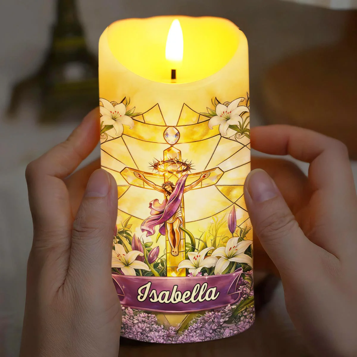 He Is Risen Stained Glass Jesus With White Lilies Flowers - Personalized Custom LED Candle - FTH140_LECA - Image 6