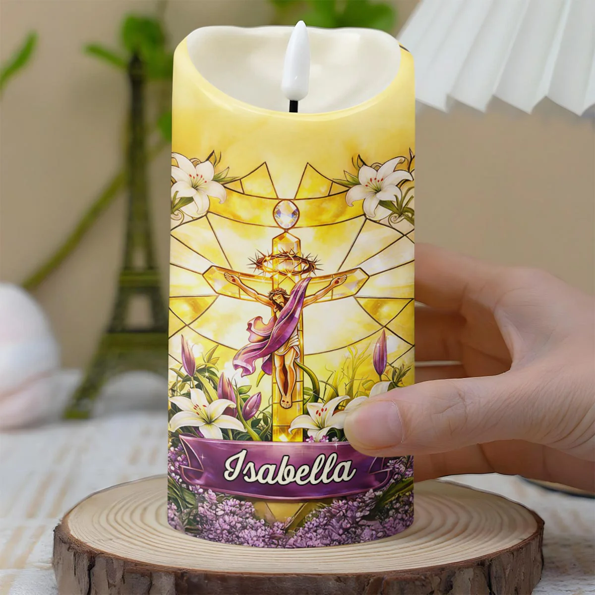 He Is Risen Stained Glass Jesus With White Lilies Flowers - Personalized Custom LED Candle - FTH140_LECA - Image 7