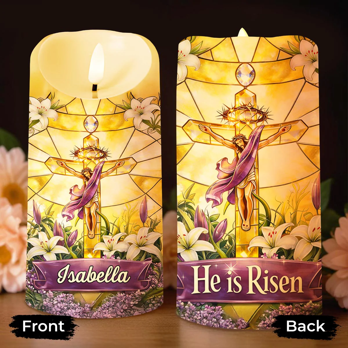 He Is Risen Stained Glass Jesus With White Lilies Flowers - Personalized Custom LED Candle - FTH140_LECA - Image 8