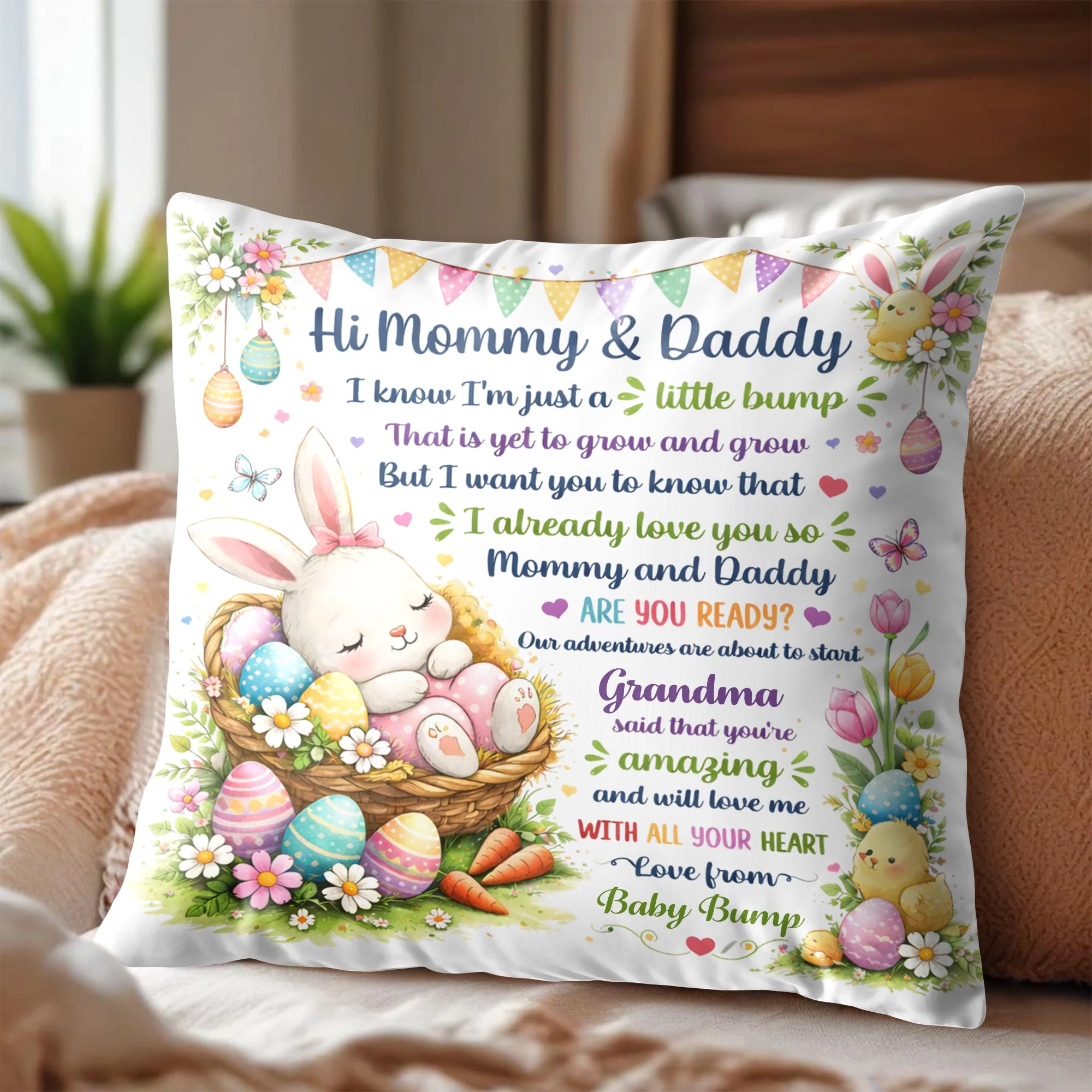 Hi Mommy Daddy I Know I Am Just A Little Bump Bunny Eggs - Personalized Custom Pillow, Insert Included - FAM812_PLW - Image 3