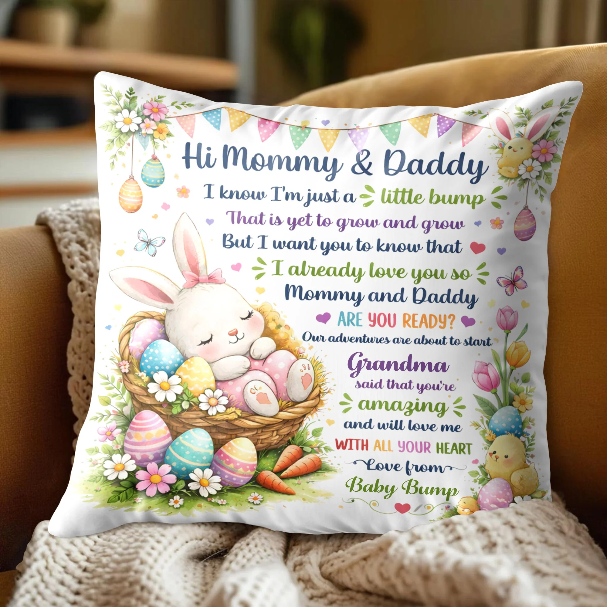Hi Mommy Daddy I Know I Am Just A Little Bump Bunny Eggs - Personalized Custom Pillow, Insert Included - FAM812_PLW - Image 5