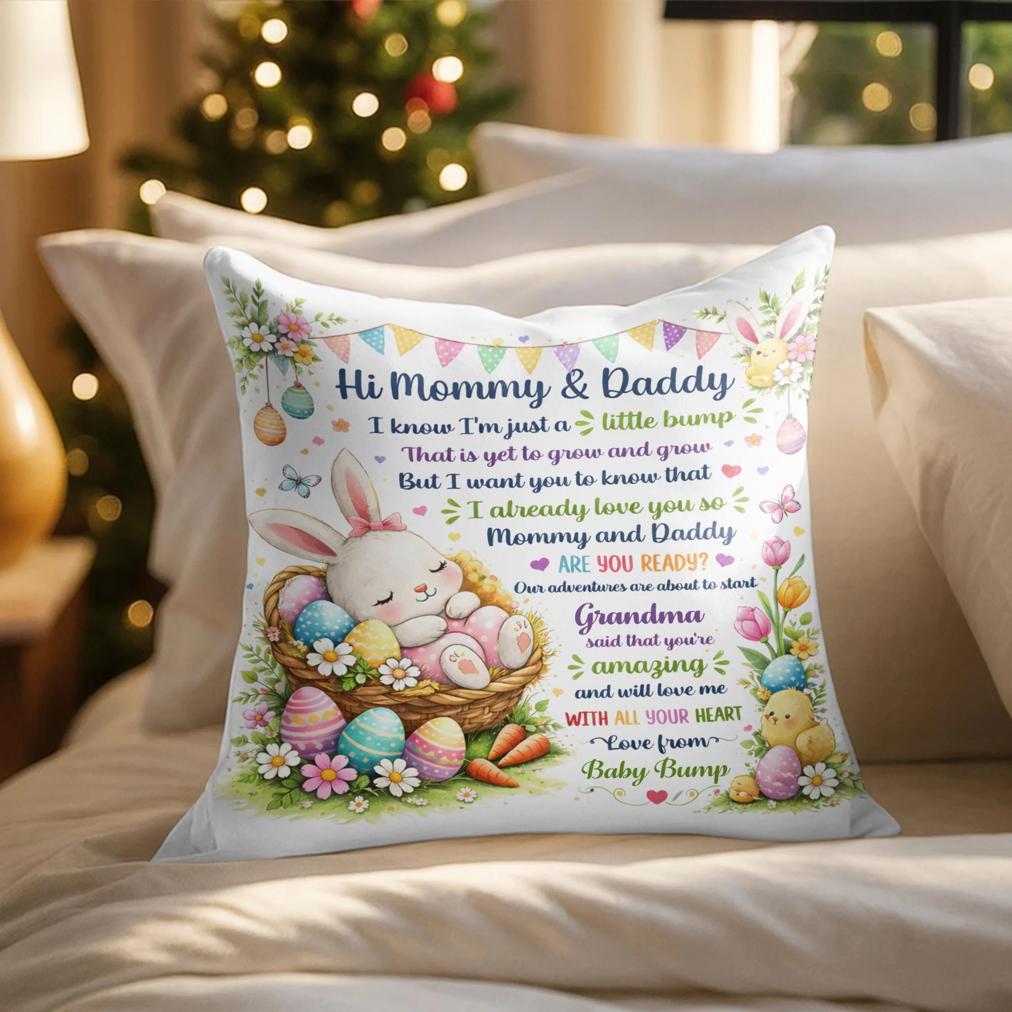 Hi Mommy Daddy I Know I Am Just A Little Bump Bunny Eggs - Personalized Custom Pillow, Insert Included - FAM812_PLW - Image 6