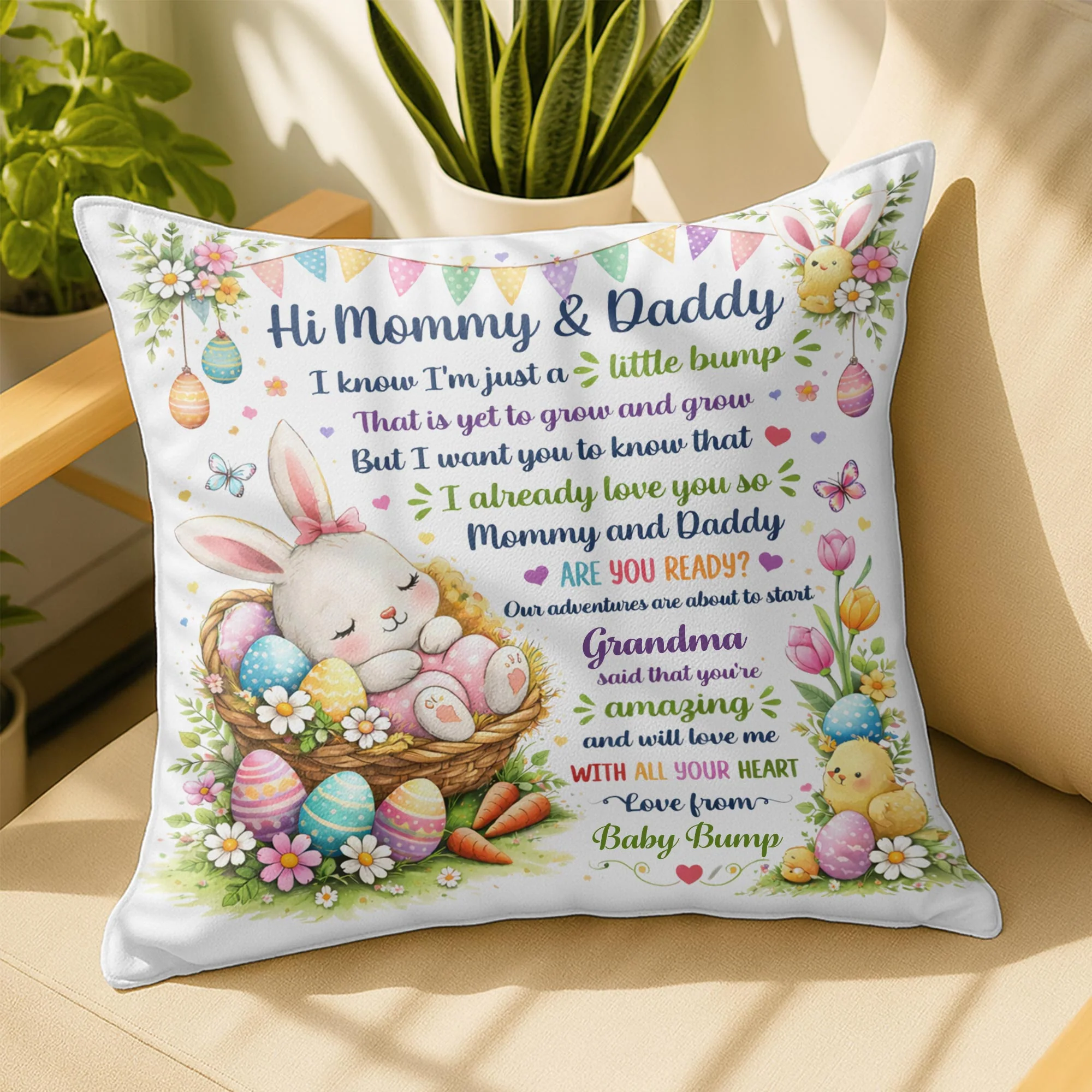 Hi Mommy Daddy I Know I Am Just A Little Bump Bunny Eggs - Personalized Custom Pillow, Insert Included - FAM812_PLW - Image 7