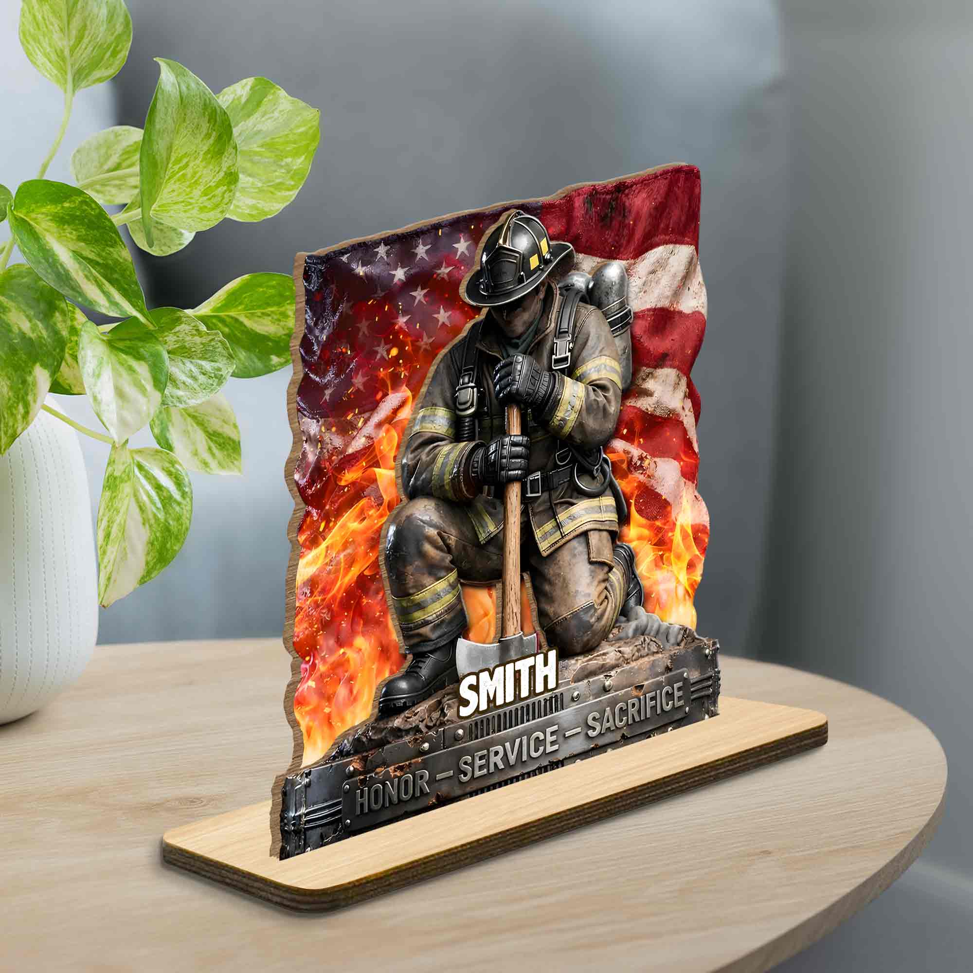 Honor Service Sacrifice Firefighter With American Flag And Axe - Personalized Custom 2-Layer Wood Plaque With Flat Base - FIF058_WPLA - Image 3
