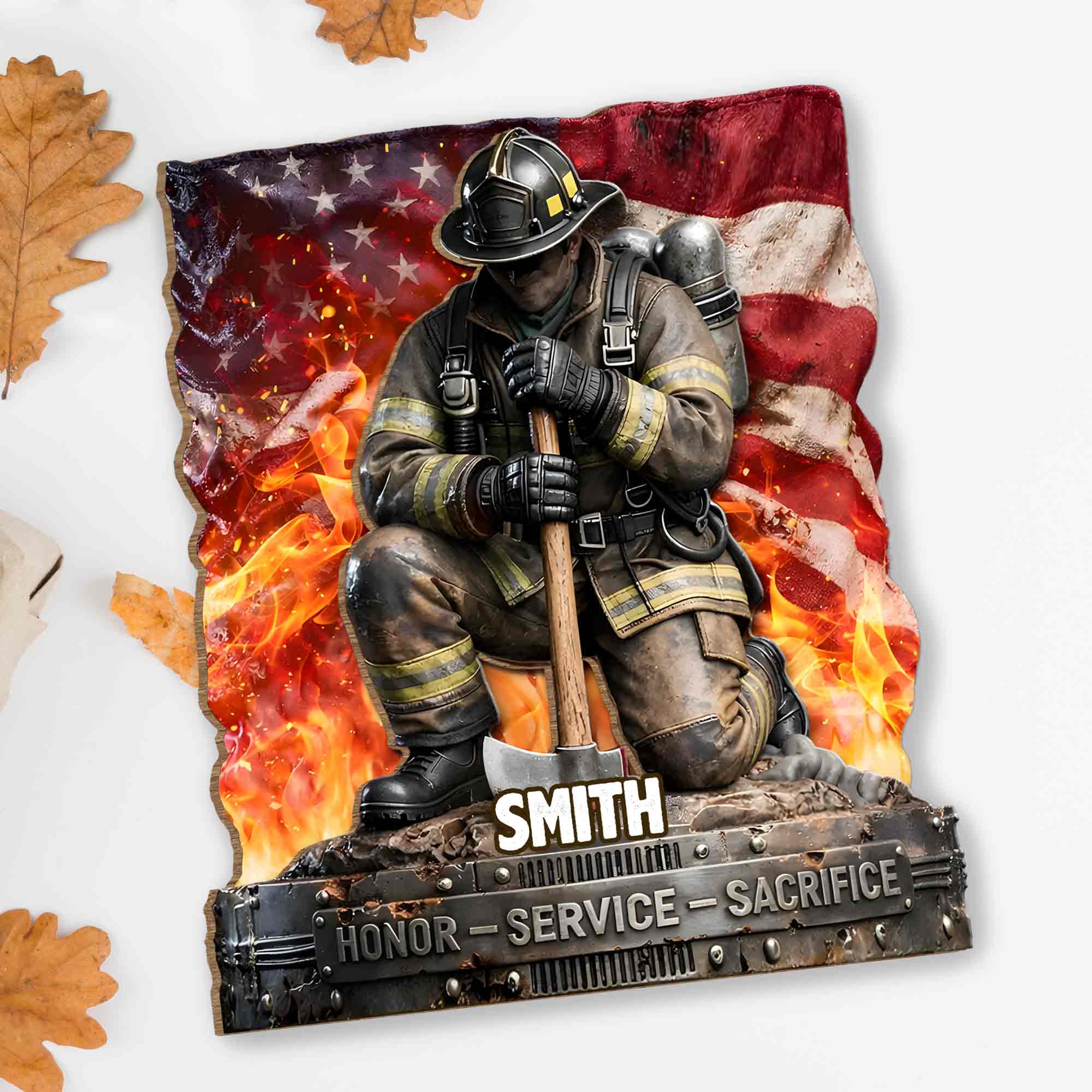 Honor Service Sacrifice Firefighter With American Flag And Axe - Personalized Custom 2-Layer Wood Plaque With Flat Base - FIF058_WPLA - Image 4