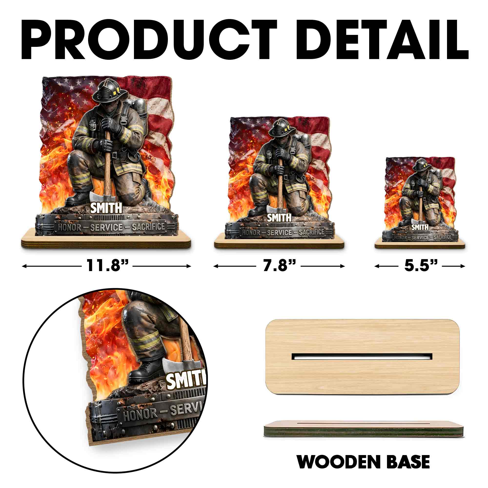 Honor Service Sacrifice Firefighter With American Flag And Axe - Personalized Custom 2-Layer Wood Plaque With Flat Base - FIF058_WPLA - Image 5