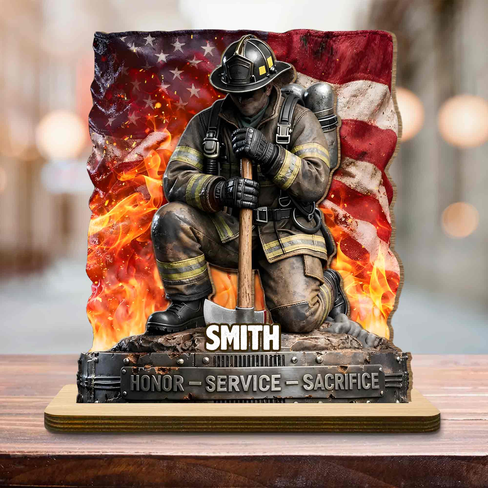Honor Service Sacrifice Firefighter With American Flag And Axe - Personalized Custom 2-Layer Wood Plaque With Flat Base - FIF058_WPLA - Image 6