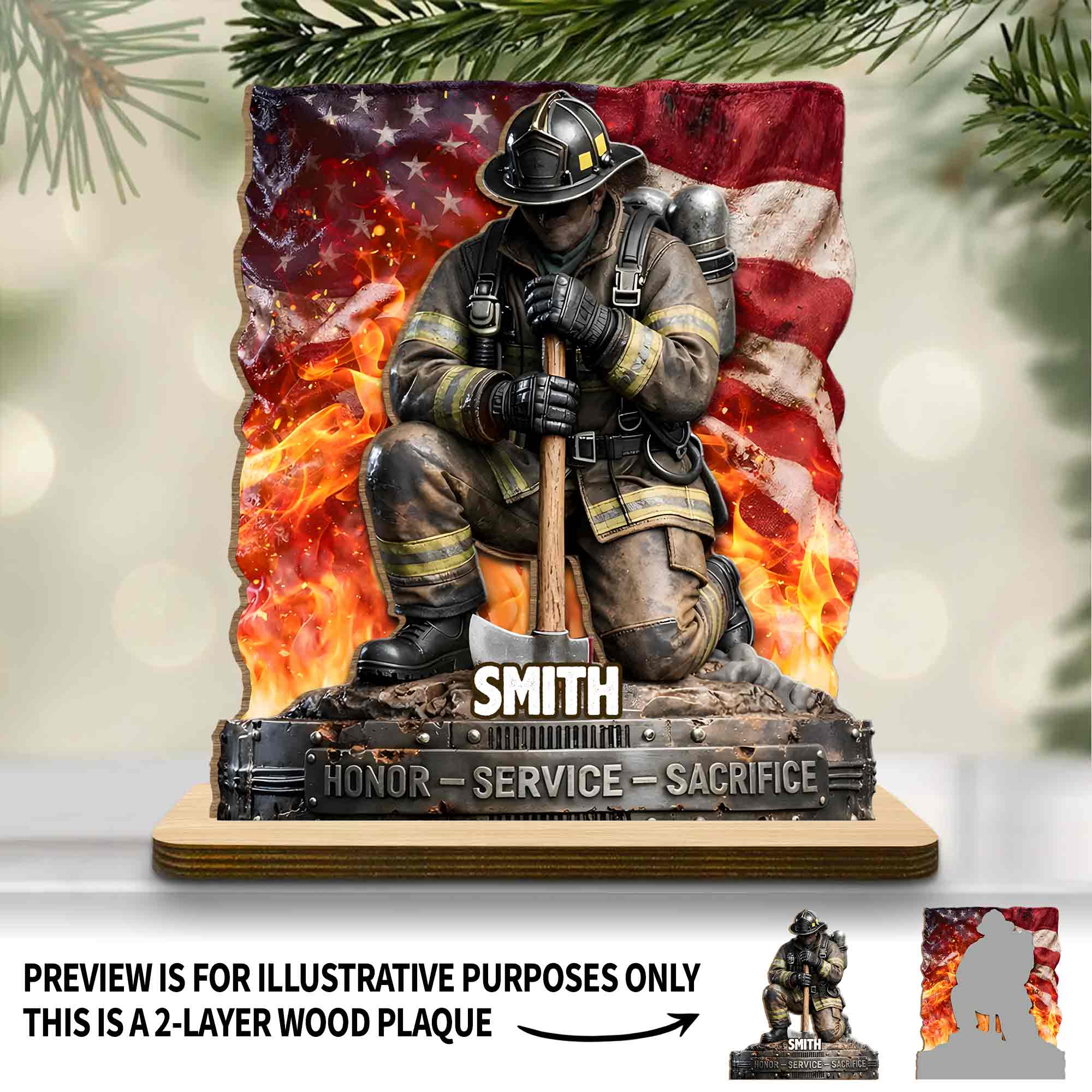 Honor Service Sacrifice Firefighter With American Flag And Axe - Personalized Custom 2-Layer Wood Plaque With Flat Base - FIF058_WPLA - Image 7