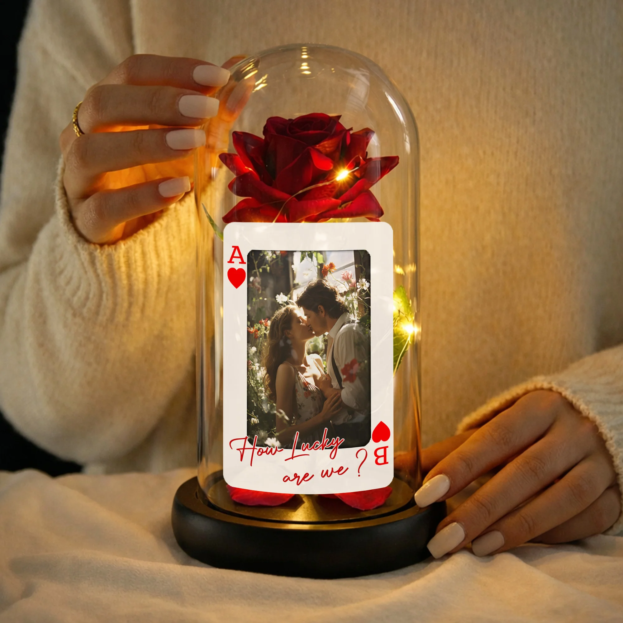 How Lucky Are We Ace Of Hearts Rose Lamp With Custom Photo - Personalized Everlasting Rose Dome Lamp - CPL1337_RLAMP - Image 5