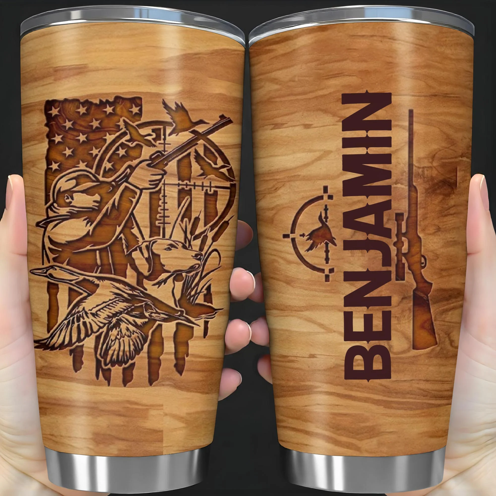 Hunter And His Loyal Dog With American Flag And Ducks Wood Grain Style - Personalized Custom Stainless Steel Tumbler 20oz 30oz - HTG013_TB