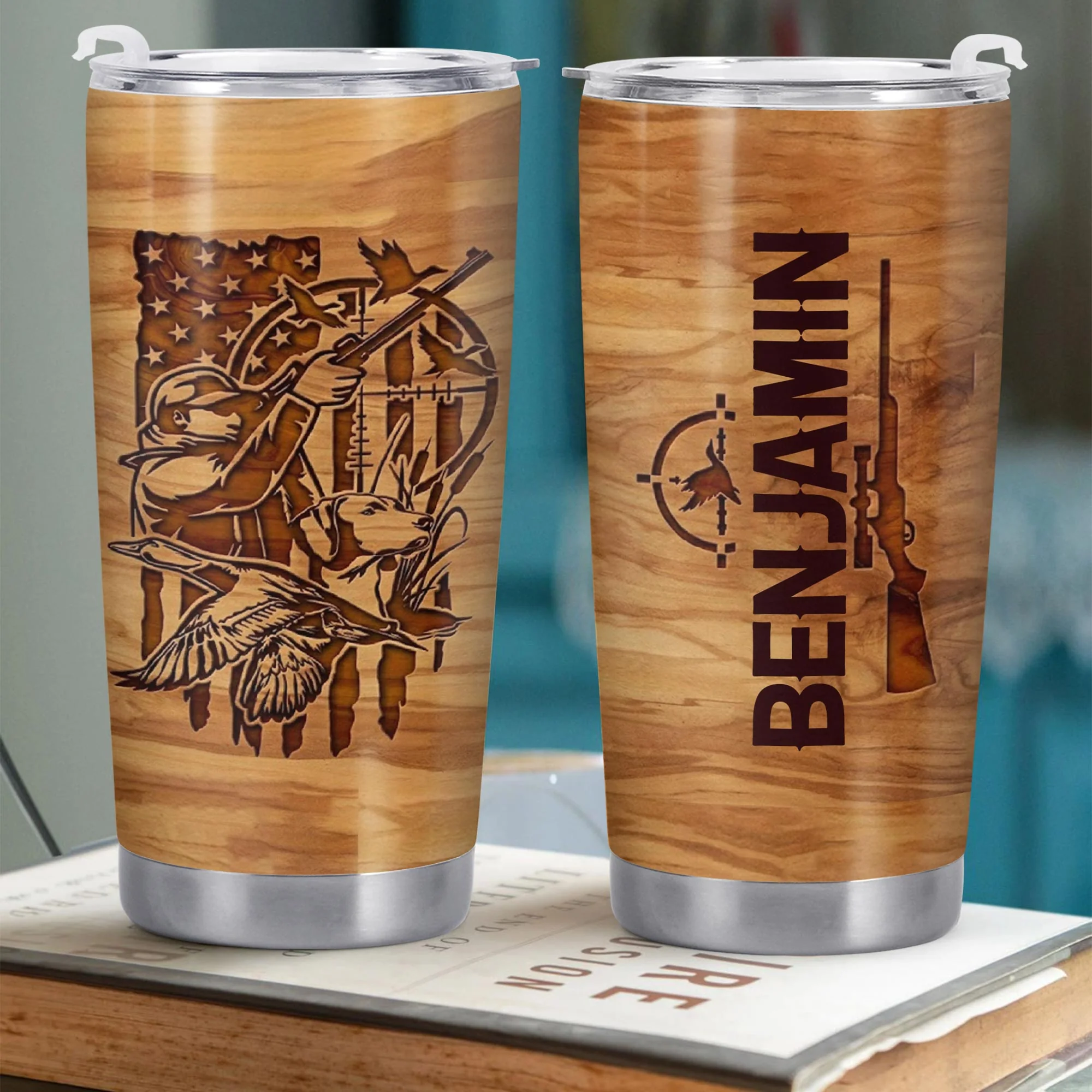 Hunter And His Loyal Dog With American Flag And Ducks Wood Grain Style - Personalized Custom Stainless Steel Tumbler 20oz 30oz - HTG013_TB - Image 11