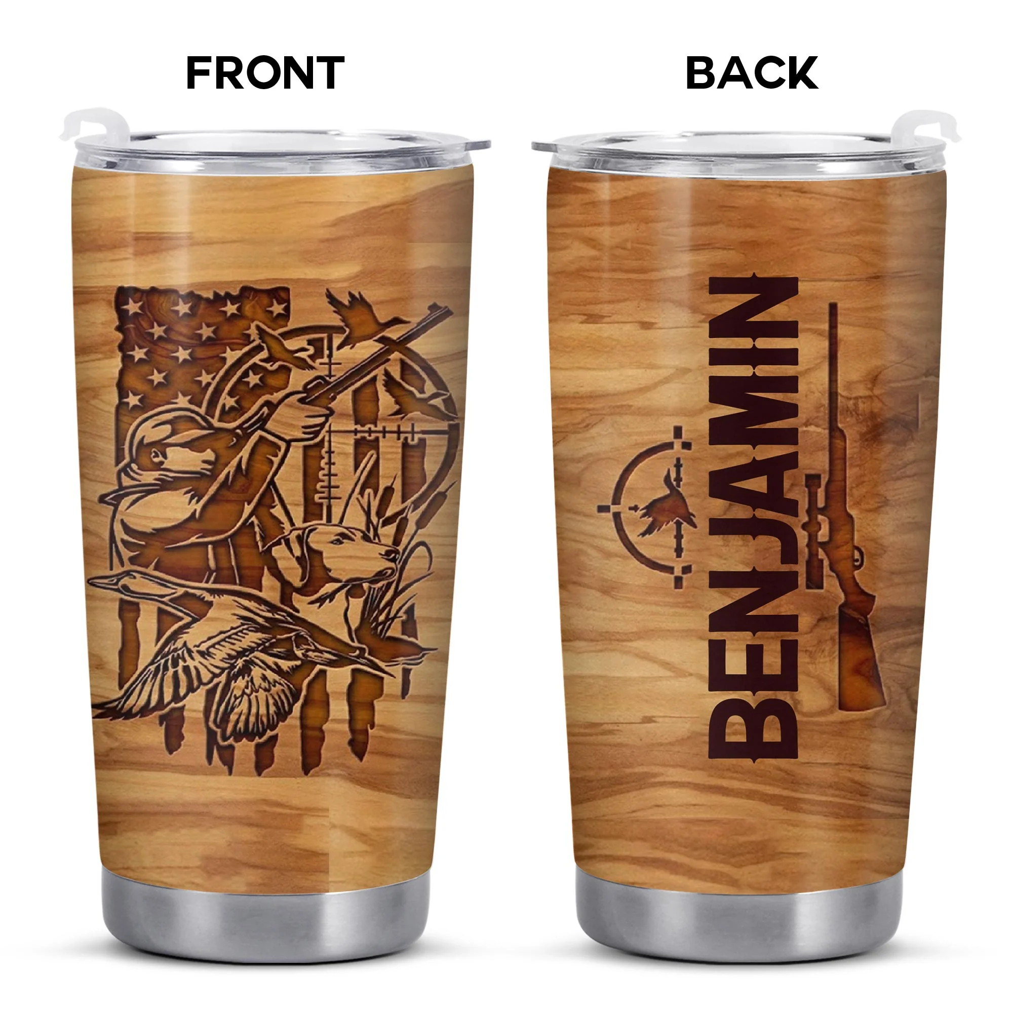 Hunter And His Loyal Dog With American Flag And Ducks Wood Grain Style - Personalized Custom Stainless Steel Tumbler 20oz 30oz - HTG013_TB - Image 7
