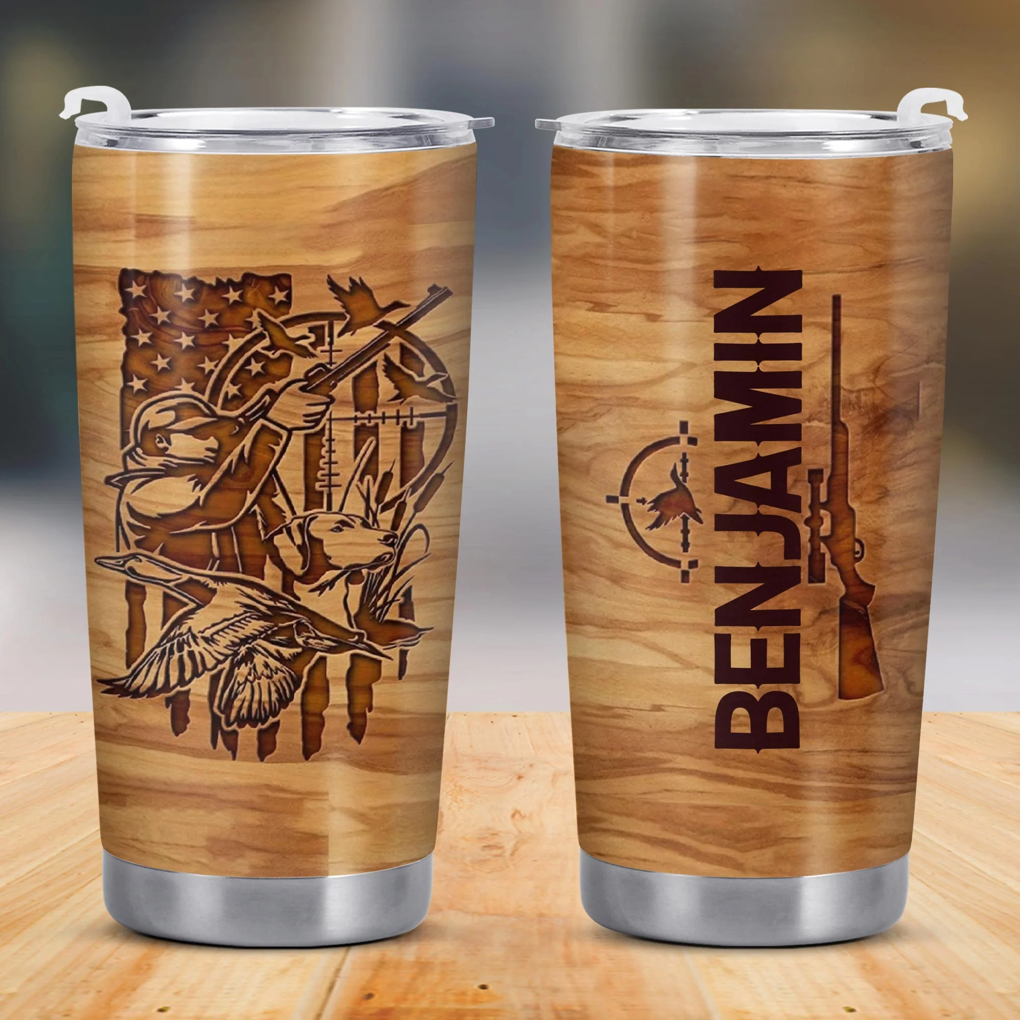 Hunter And His Loyal Dog With American Flag And Ducks Wood Grain Style - Personalized Custom Stainless Steel Tumbler 20oz 30oz - HTG013_TB - Image 8
