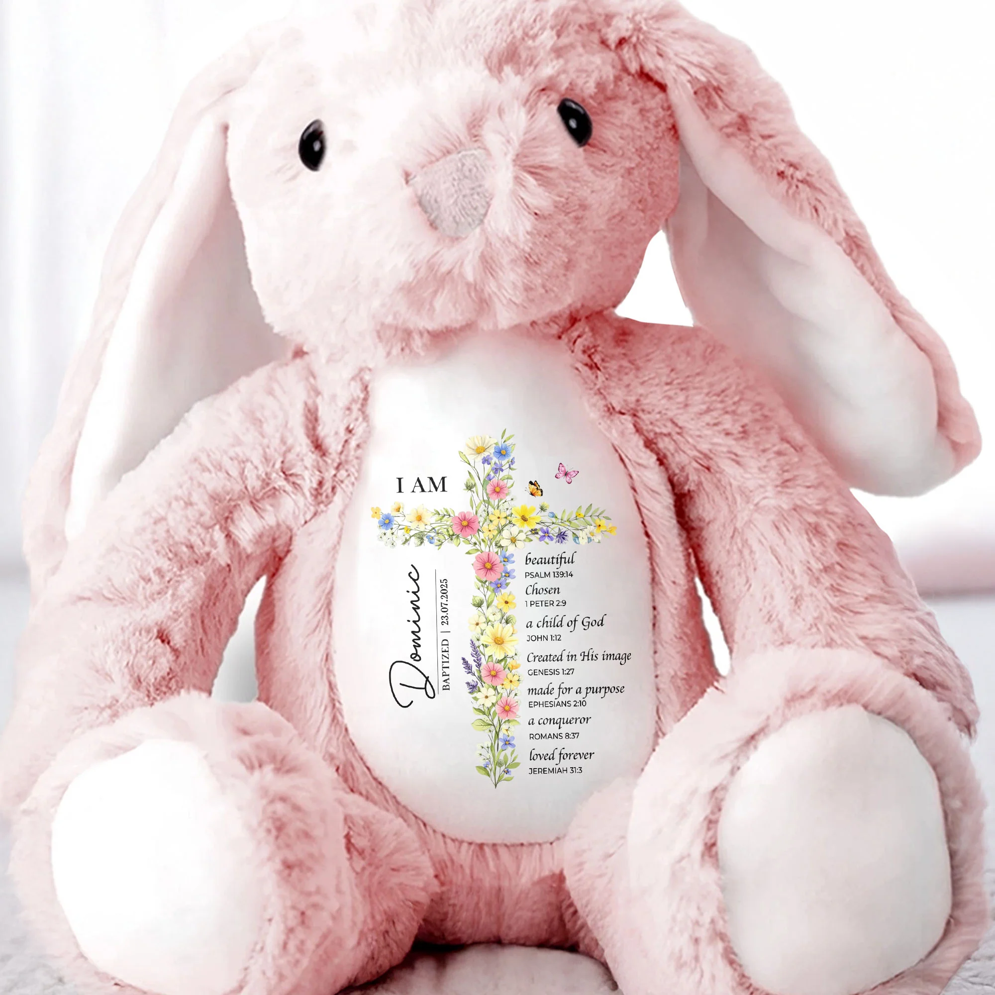 I AM Beautiful Chosen A Child Of God Floral Cross Religious - Personalized Stuffed Bunny - KID534_BUN - Image 5