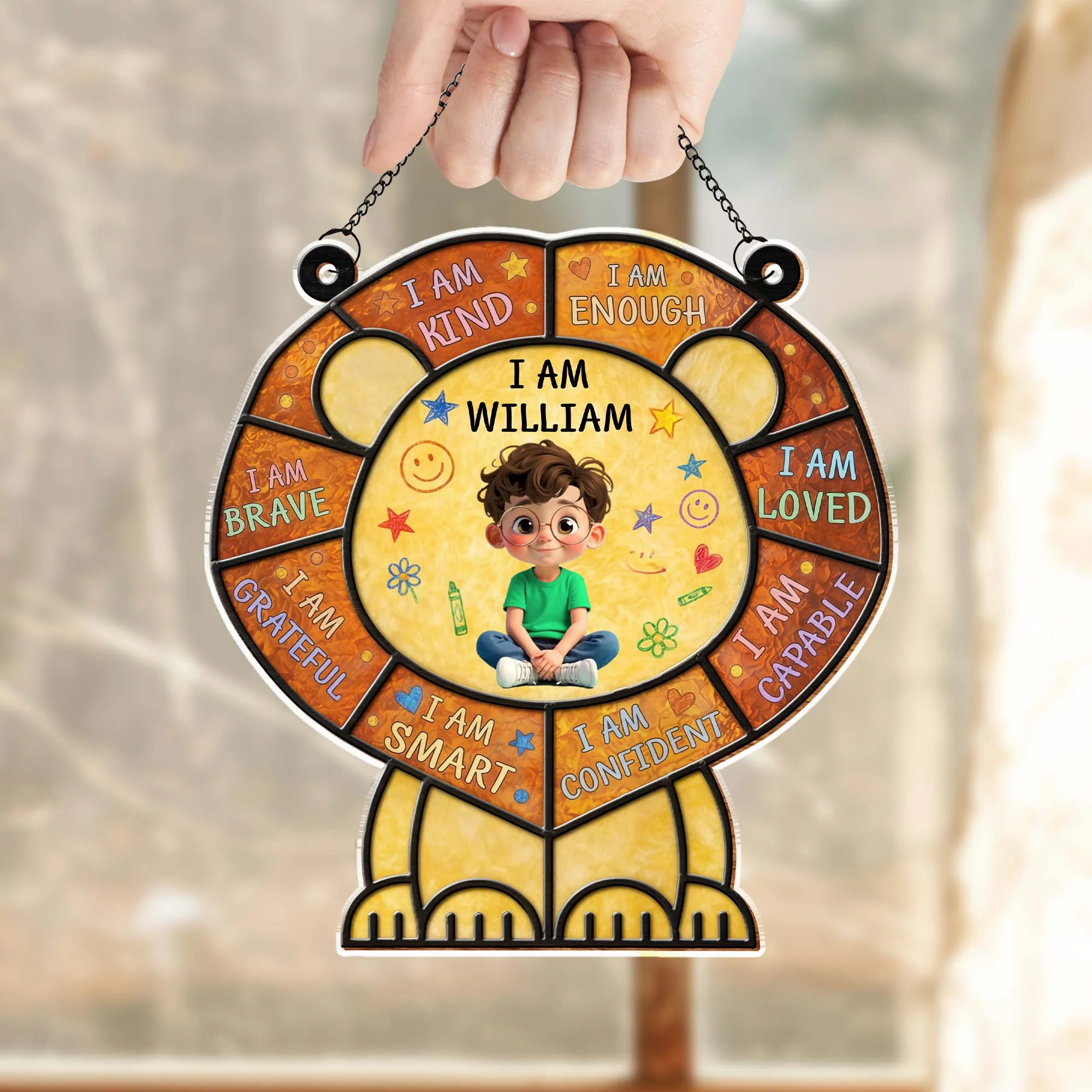 I Am Kind And Brave Affirmation Lion With Little Boy Design - Personalized Custom Suncatcher - KID586_CSUN - Image 6