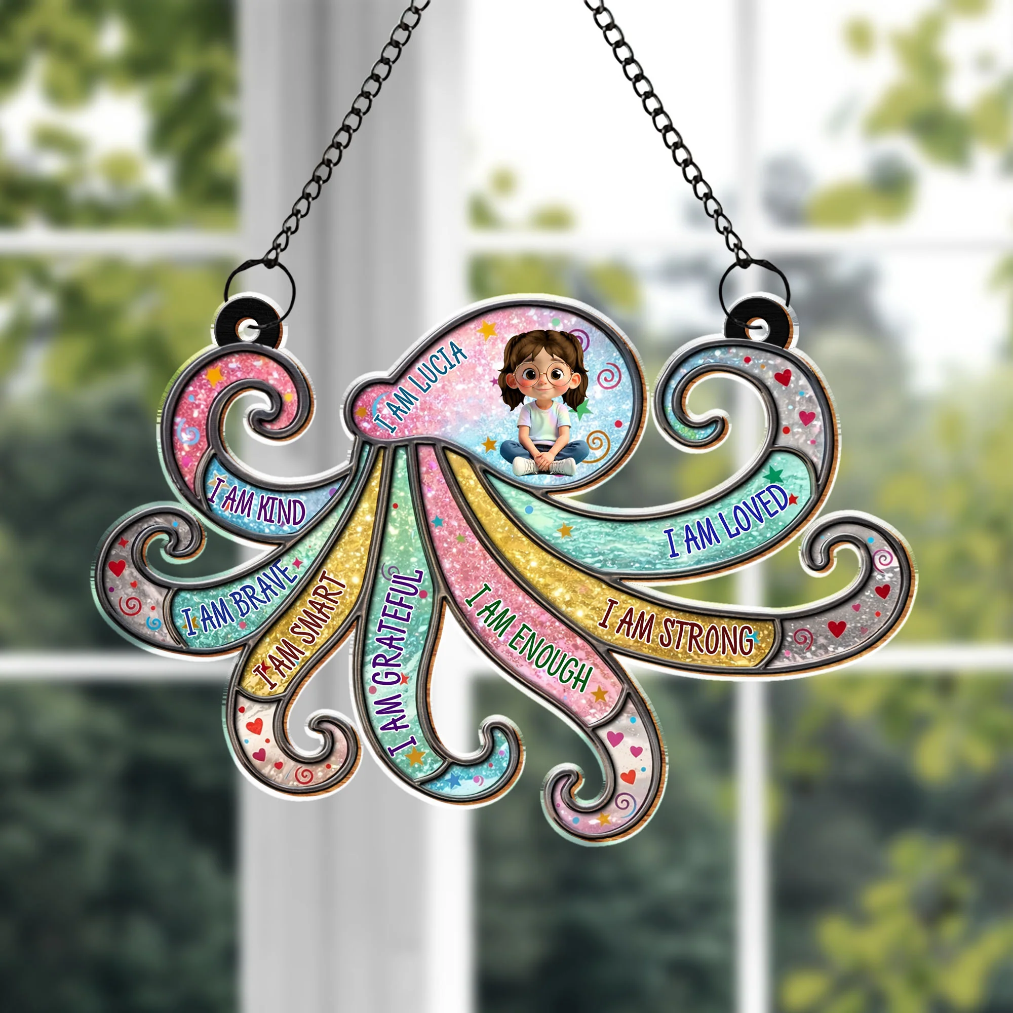 I Am Kind Brave Smart Grateful Affirmations Personalized Girl And Swirls - Personalized Custom Suncatcher - KID590_CSUN