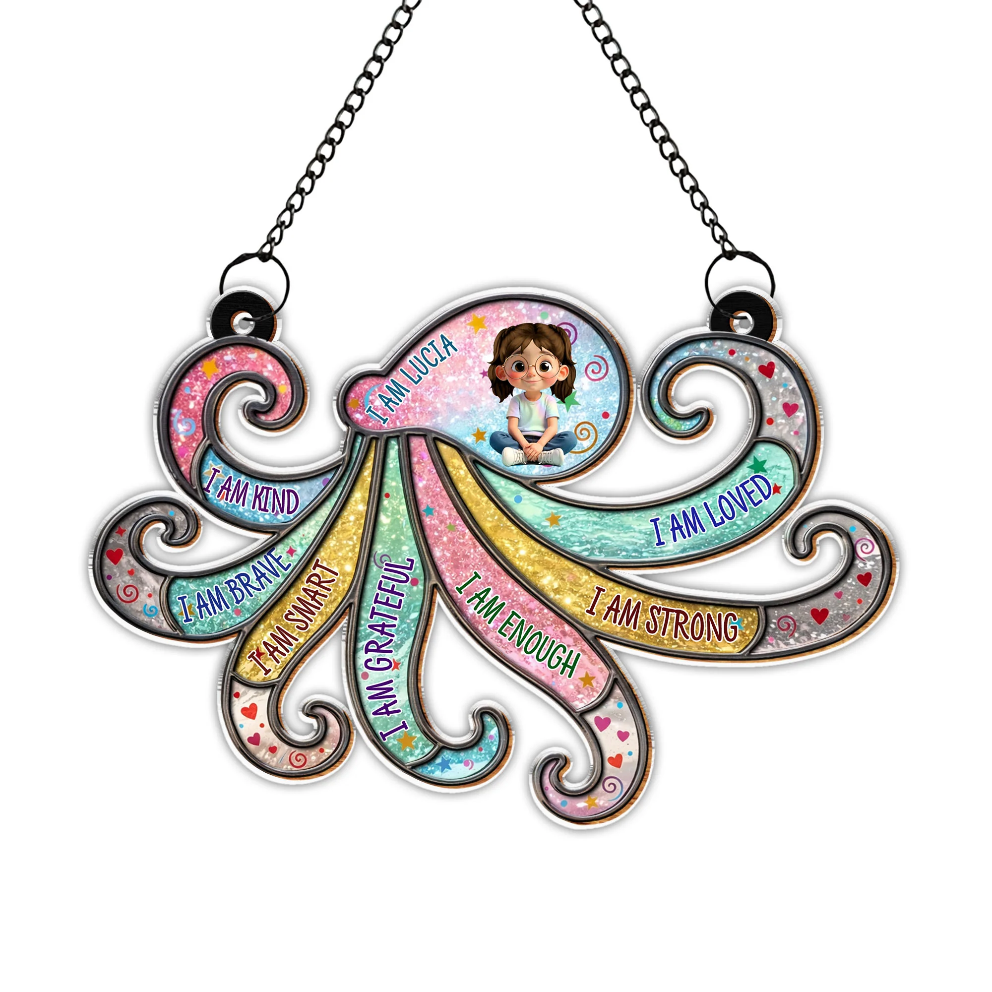 I Am Kind Brave Smart Grateful Affirmations Personalized Girl And Swirls - Personalized Custom Suncatcher - KID590_CSUN - Image 10